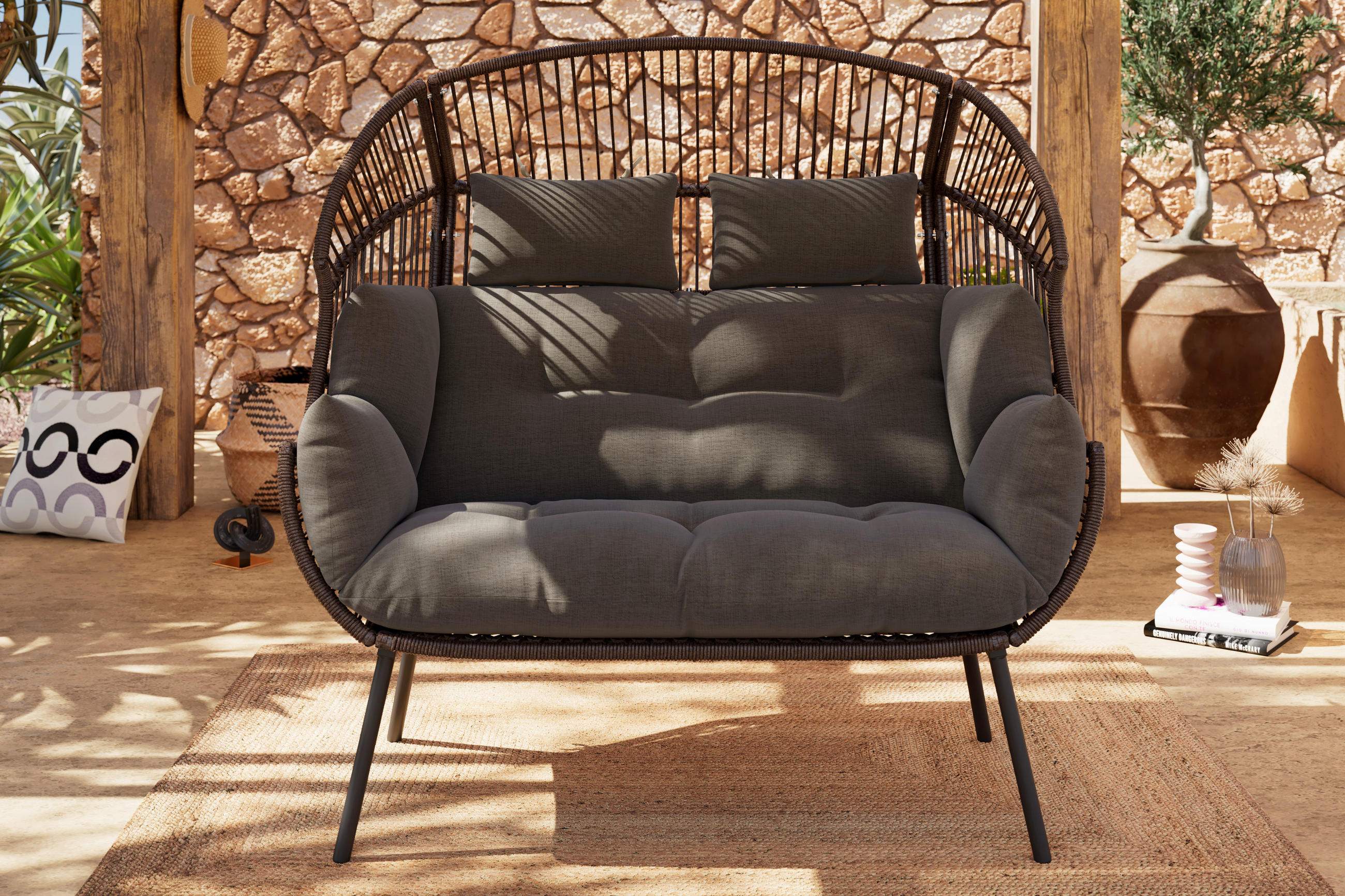 ZAHR. POHOVKA VE TVARU MUŠLE kov, plast, textil - šedá/tmavě šedá, Moderní, kov/textil (146/136/83cm) - Ambia Garden