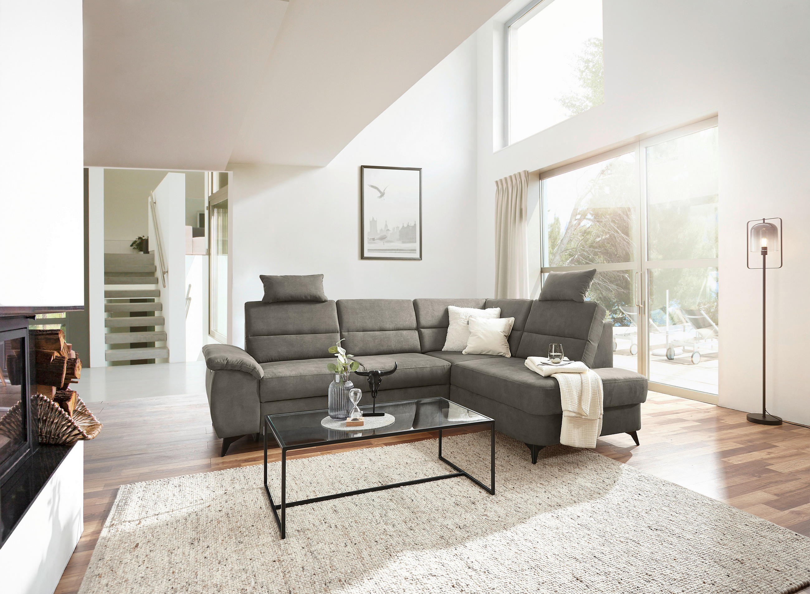 Wohnlandschaft inkl.Funktionen Hellgrau Lederlook - Hellgrau/Schwarz, KONVENTIONELL, Textil/Metall (257/194cm) - Cantus