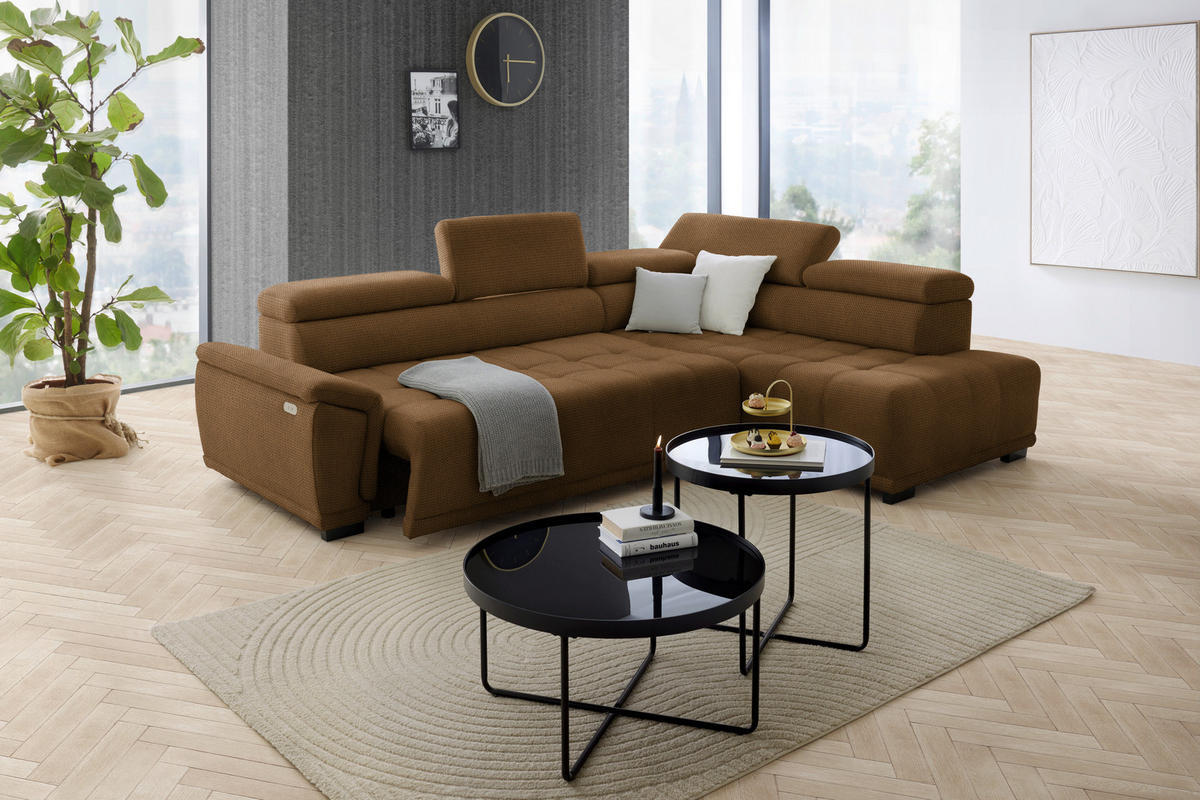 HÖRNSOFFA i chenille, vävt tyg rostfärgad  - svart/rostfärgad, Modern, textil/plast (283/106cm) - MID.YOU