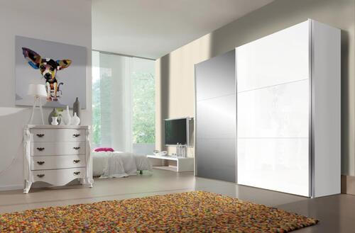 SCHWEBETÜRENSCHRANK 250/216/68 cm 2-türig - Alufarben/Weiß, KONVENTIONELL, Glas/Holzwerkstoff (250/216/68cm) - Hom`in