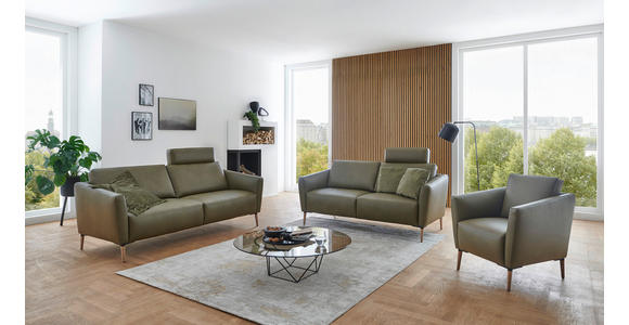 2-SITZER-SOFA Olivgrün Echtleder  - Eichefarben/Beige, Natur, Leder/Holz (207/86/87cm) - Valnatura