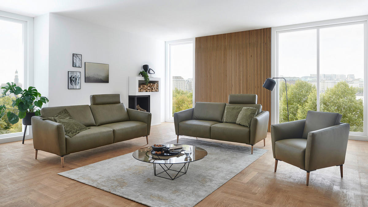 2-SITZER-SOFA in Echtleder Olivgrün  - Eichefarben/Beige, Natur, Leder/Holz (207/86/87cm) - Valnatura