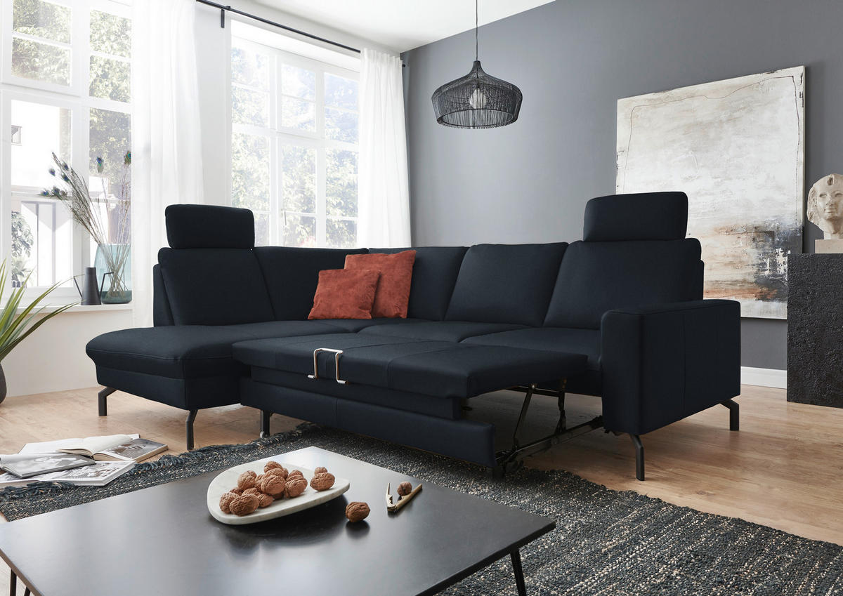 ECKSOFA in Echtleder Dunkelblau  - Schwarz/Dunkelblau, Design, Leder/Metall (194/250cm) - Beldomo Premium