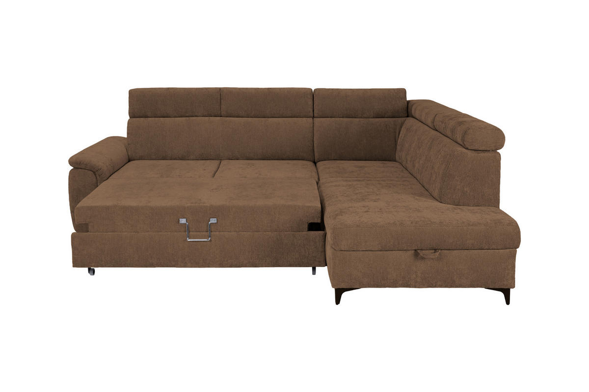 ECKSOFA Braun Chenille Bettkasten, Schlaffunktion, Rücken echt, Kopfteilverstellung, Liegefläche im Originalstoff  - Schwarz/Braun, KONVENTIONELL, Textil/Metall (265/206cm) - Carryhome