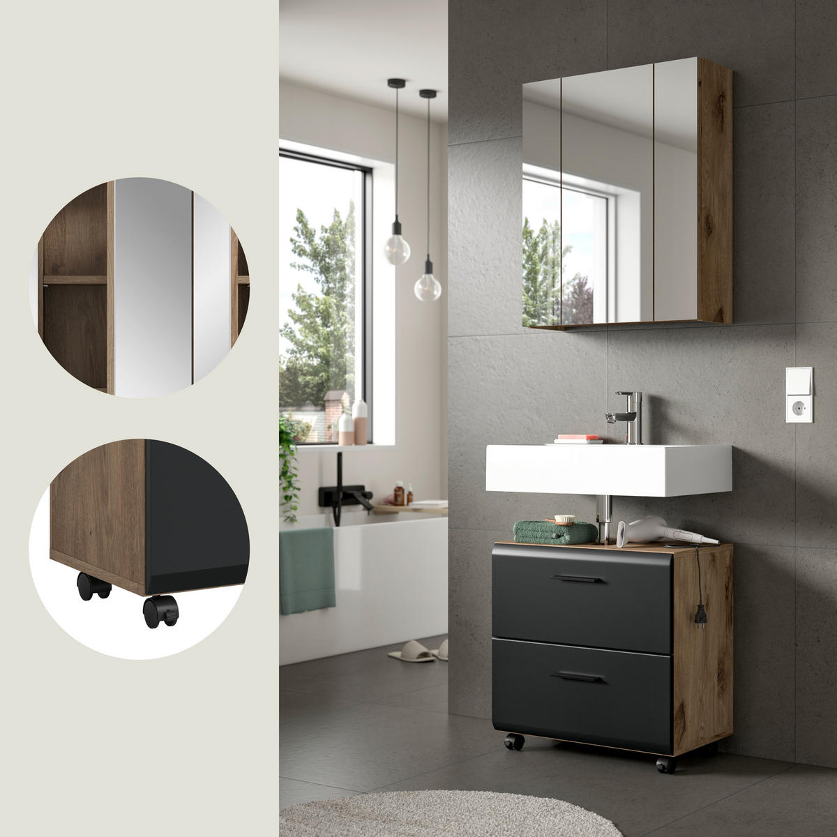 BADEZIMMER 2-teilig  in 60 cm  - Eiche dunkel/Schwarz, Trend, Glas/Holzwerkstoff (60cm) - MID.YOU