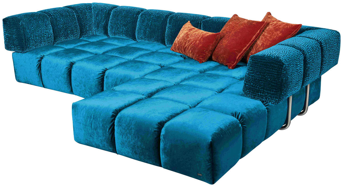 ECKSOFA in Velours Blau  310/215 cm  - Blau/Schwarz, Trend, Kunststoff/Textil (310/215cm) - Bretz