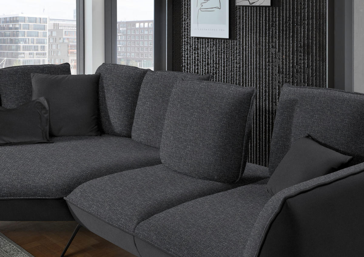 ECKSOFA in Flachgewebe Anthrazit  - Anthrazit/Schwarz, Design, Textil/Metall (169/320cm) - Moderano