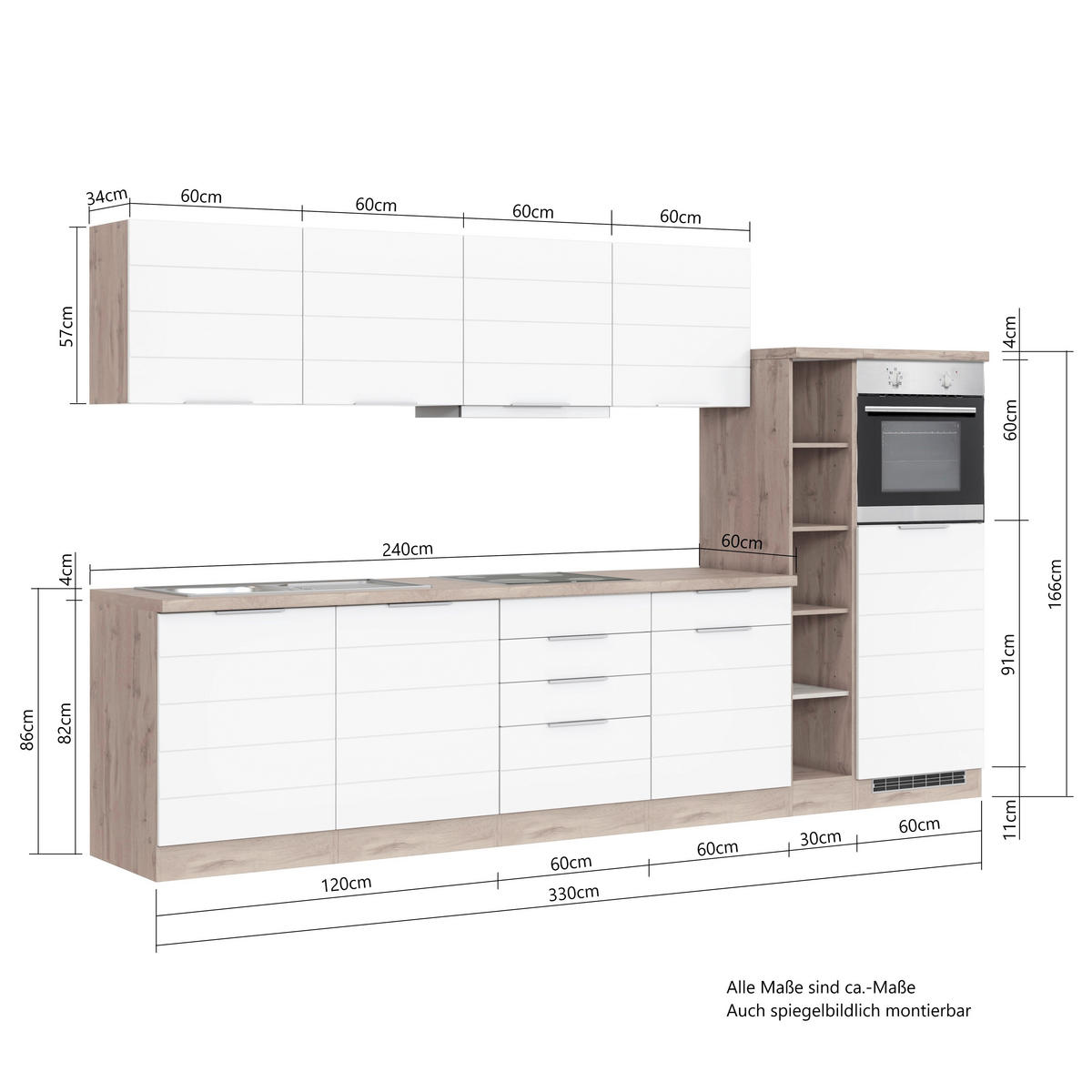 KÜCHENBLOCK 330 cm   in Weiß, Eiche Wotan  - Eiche Wotan/Weiß, Design, Holzwerkstoff/Metall (330cm) - Held