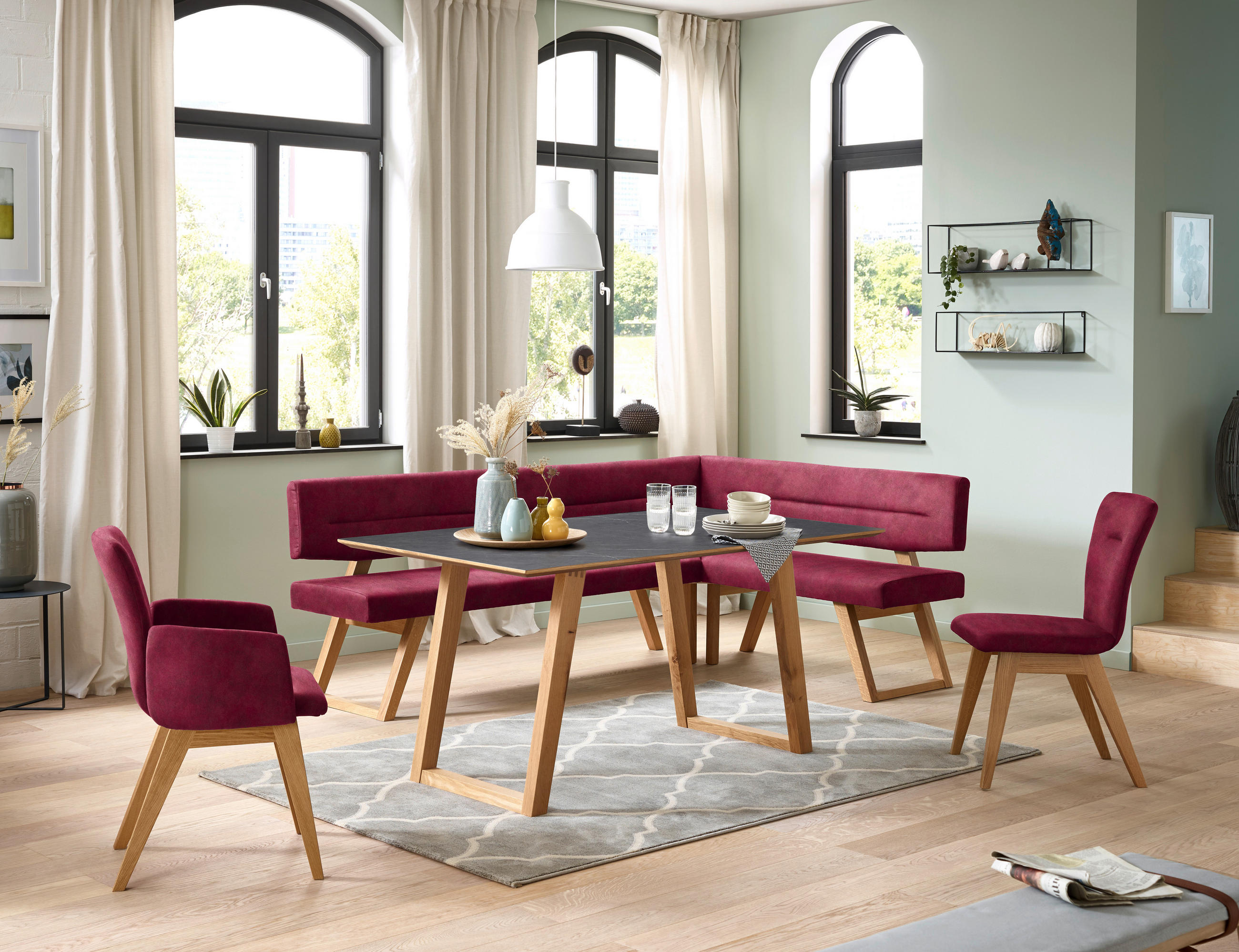 ECKBANK 205/155 cm  in Dunkelrot  - Eichefarben/Dunkelrot, KONVENTIONELL, Holz/Textil (205/155cm) - Dieter Knoll