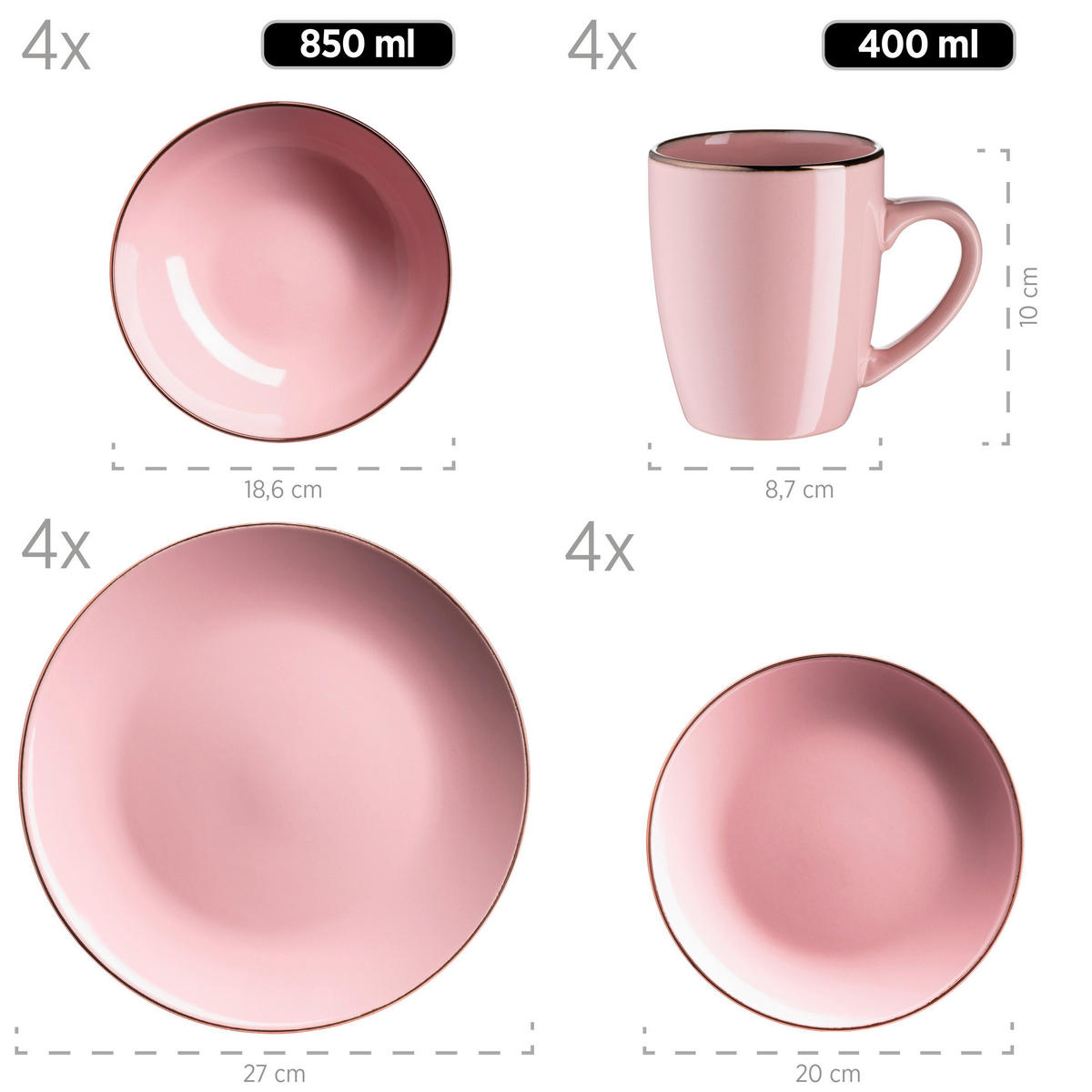 KOMBISERVICE Rosa Metallic Rim 16-teilig 4 Personen  - Rosa, Basics, Keramik - Mäser