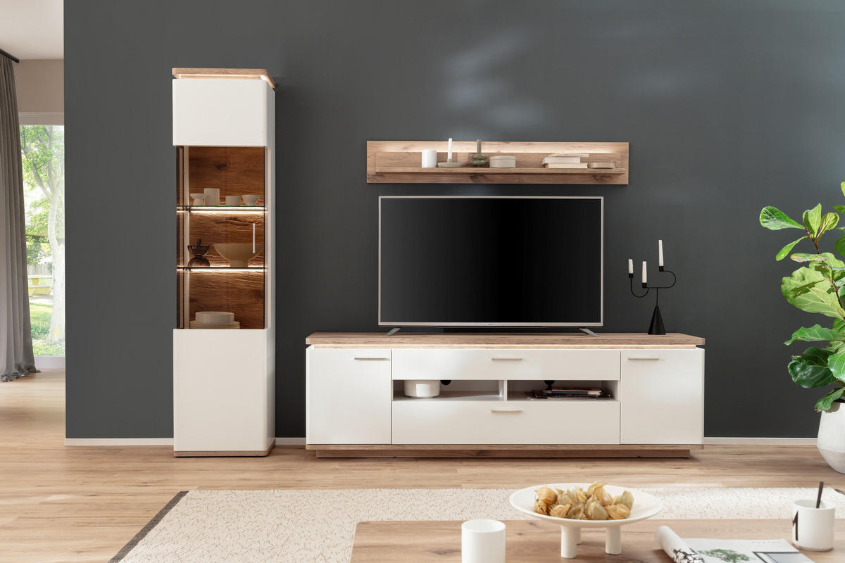 WOHNWAND  in Weiss, Eichefarben 270/208/50 cm  - Weiss/Eichefarben, Design, Glas/Holzwerkstoff (270/208/50cm) - Livetastic