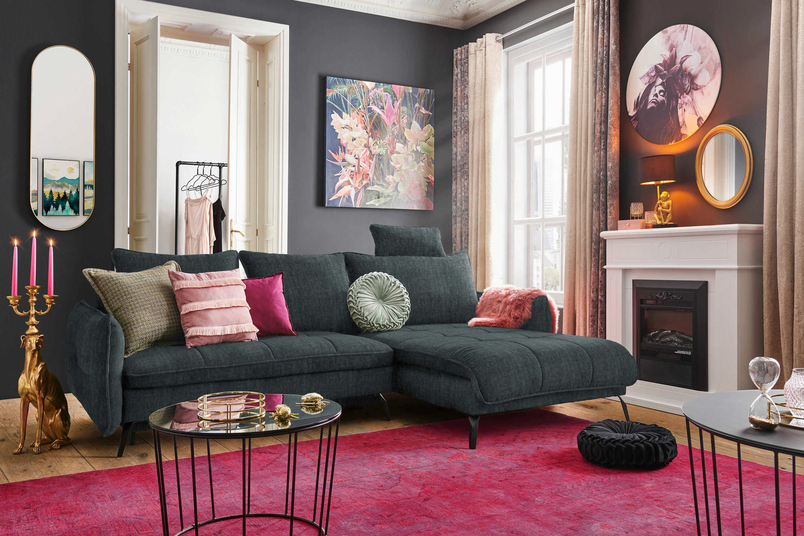 ECKSOFA in Flachgewebe Grün, Blau - Blau/Schwarz, Design, Textil/Metall (273/180cm) - Hom`in