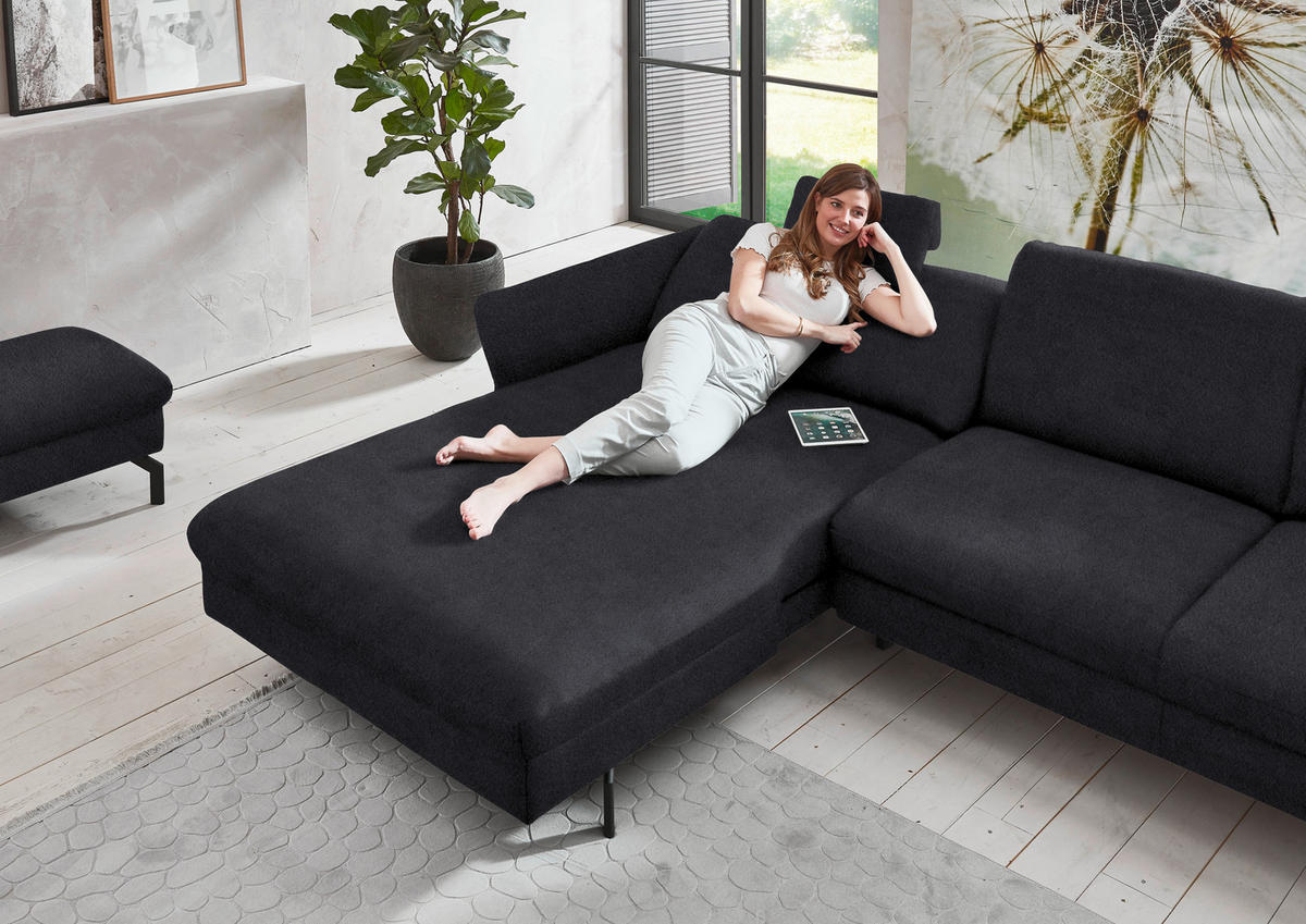 ECKSOFA in Velours Anthrazit  - Anthrazit/Schwarz, Design, Textil/Metall (179/306cm) - Beldomo System