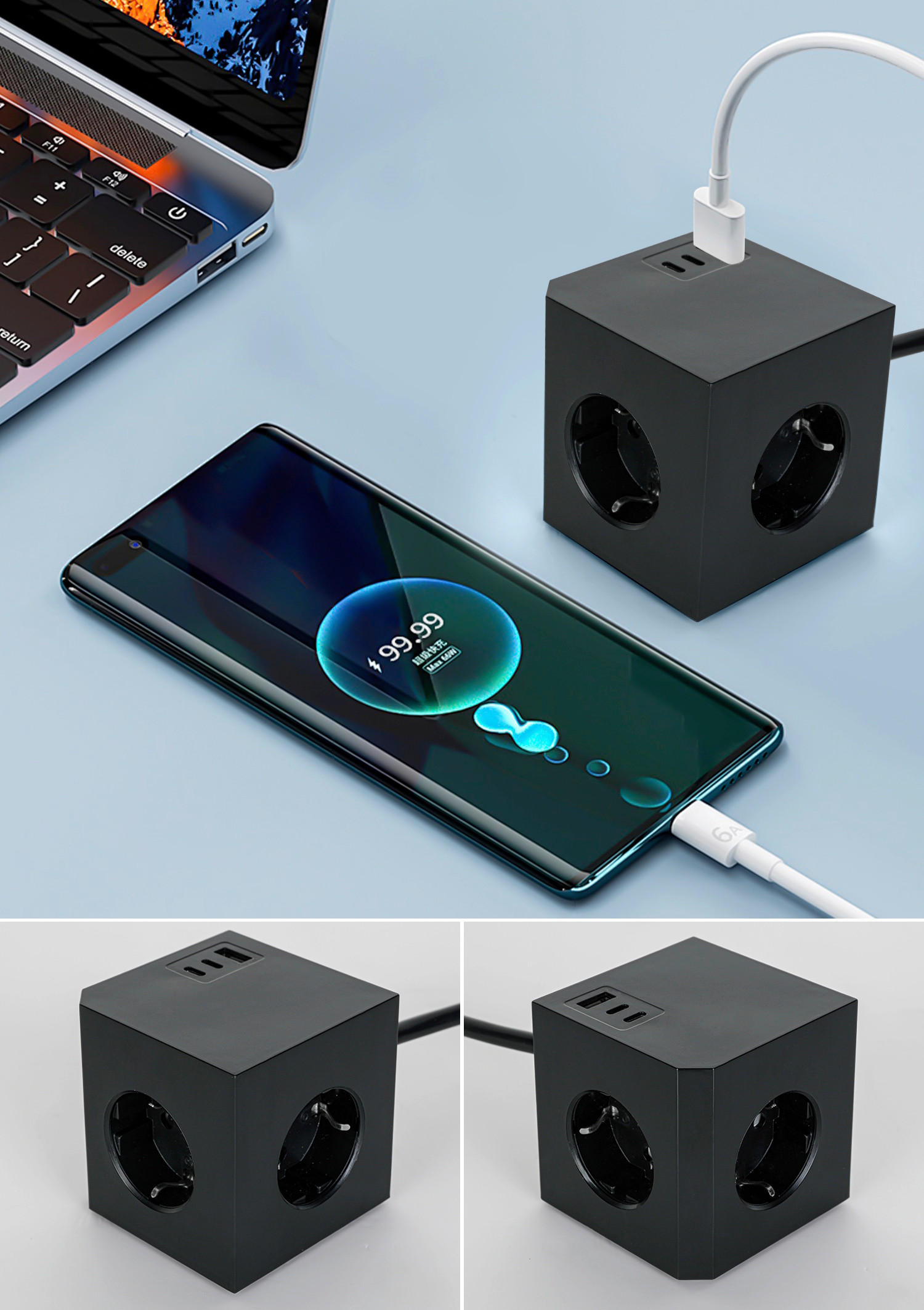 PRODLUŽOVAČKA KABEL KOSTKA   - černá, Basics, plast (7,5/7,5/7,5cm) - Mican