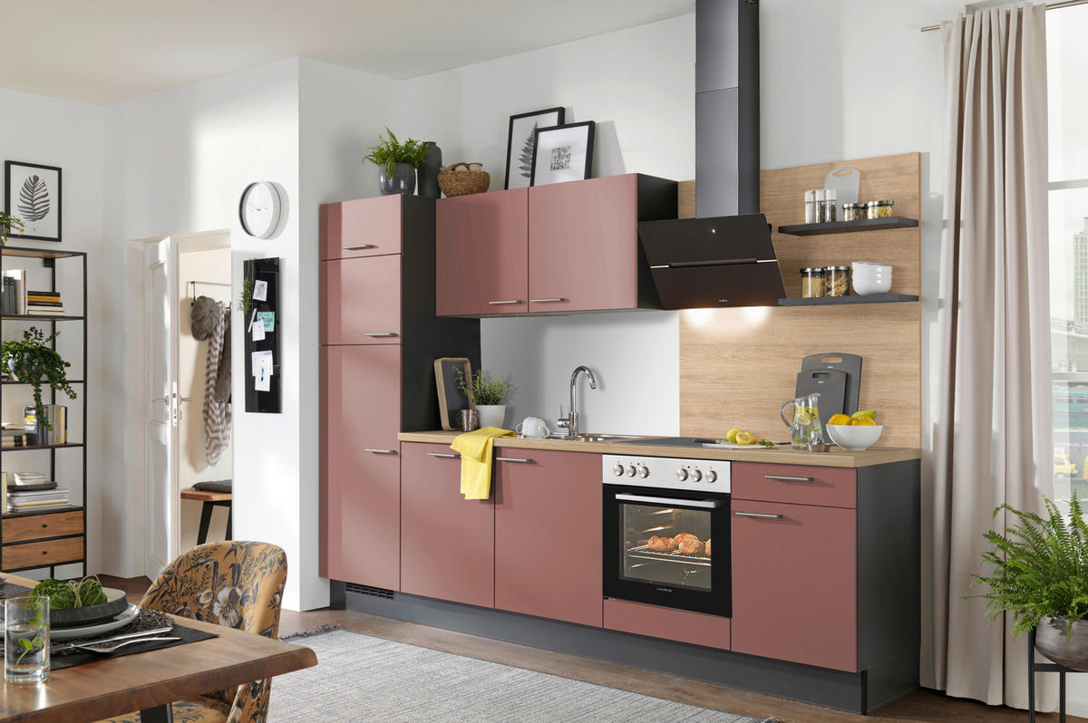 KÜCHENBLOCK 290 cm   in Graphitfarben, Rot, Eichefarben  - Edelstahlfarben/Eichefarben, Design, Holzwerkstoff/Metall (290cm) - Xora