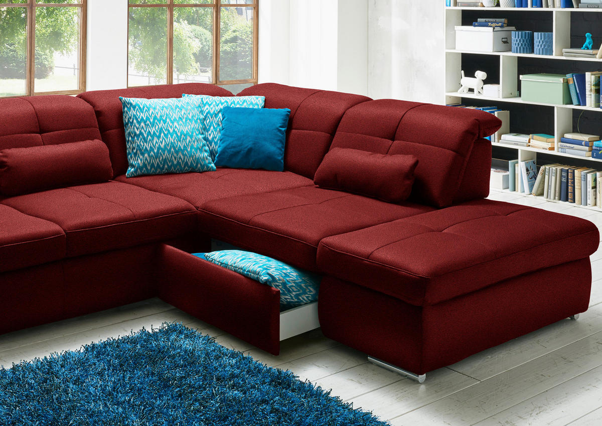 WOHNLANDSCHAFT Mikrofaser Dunkelrot  - Chromfarben/Dunkelrot, Design, Textil (195/371/260cm) - Beldomo Style