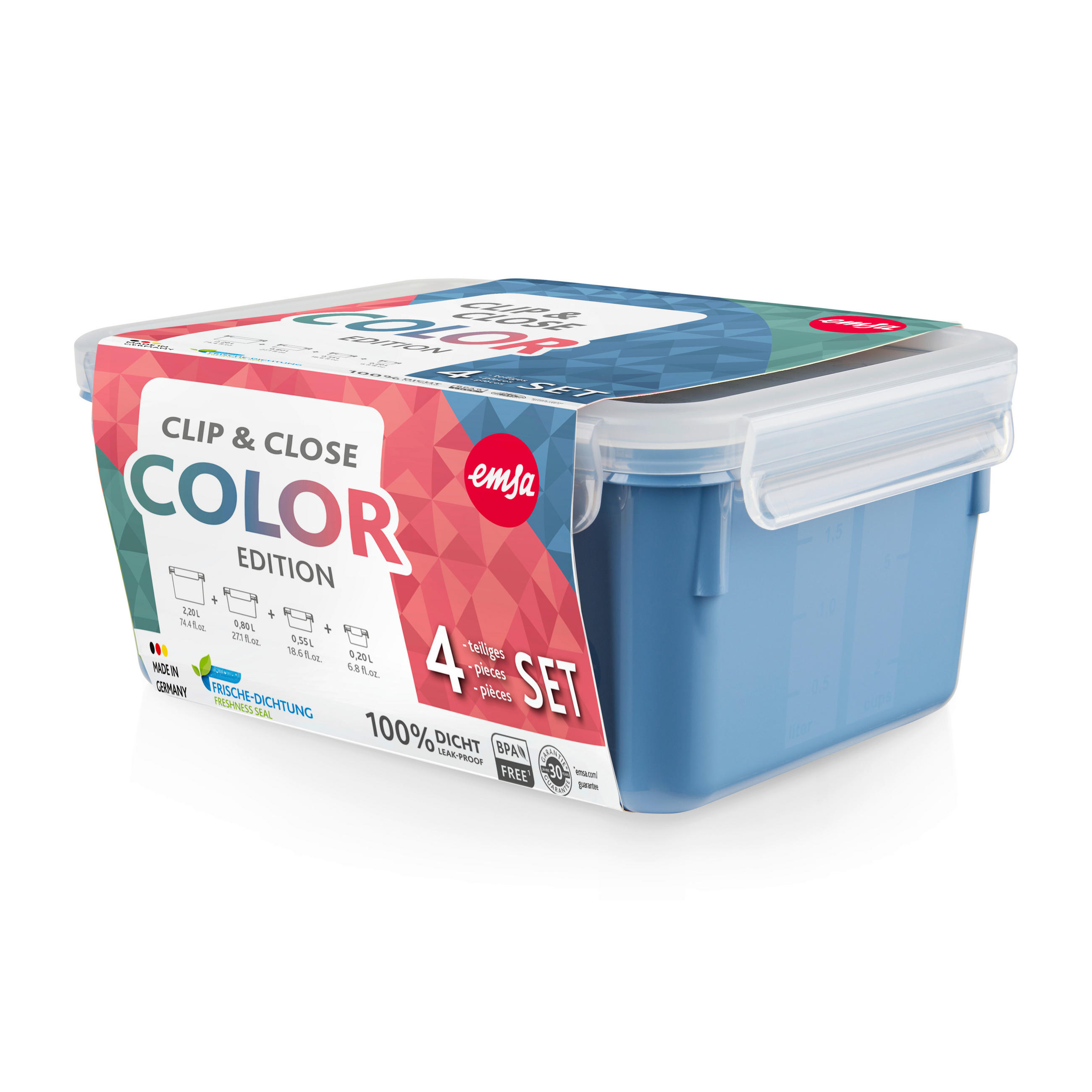 FRISCHHALTEDOSENSET CLIP & CLOSE COLOR EDITION 4-teilig  - Blau/Transparent, Basics, Kunststoff (22,6/16,7/9,9cm) - Emsa