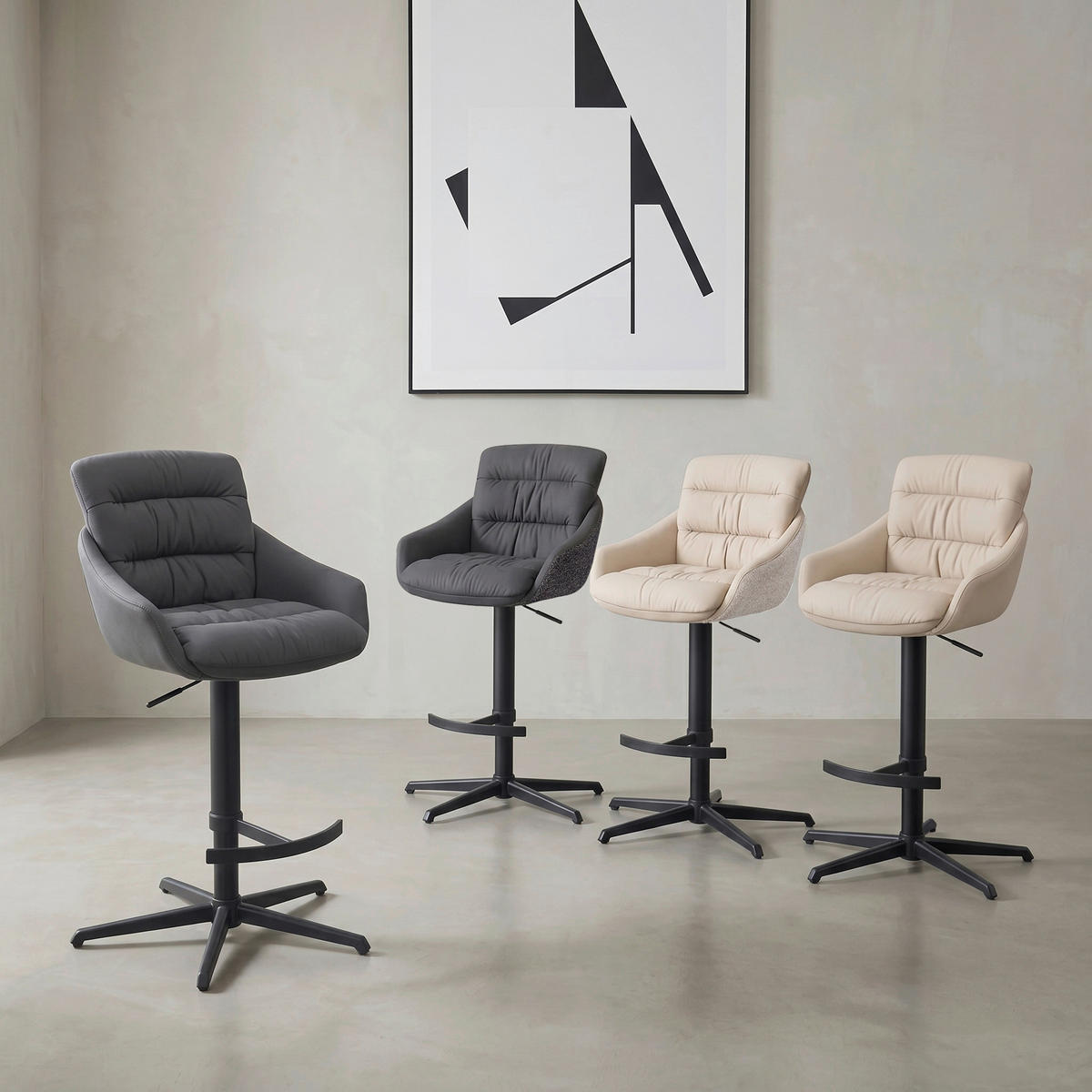 BARHOCKER Webstoff Echtleder Schwarz Stahl Sitzfläche 360° drehbar, inklusive Armlehnen, automatische Rückholfunktion  - Schwarz, Design, Leder/Textil (58/103/120/61cm) - Dieter Knoll