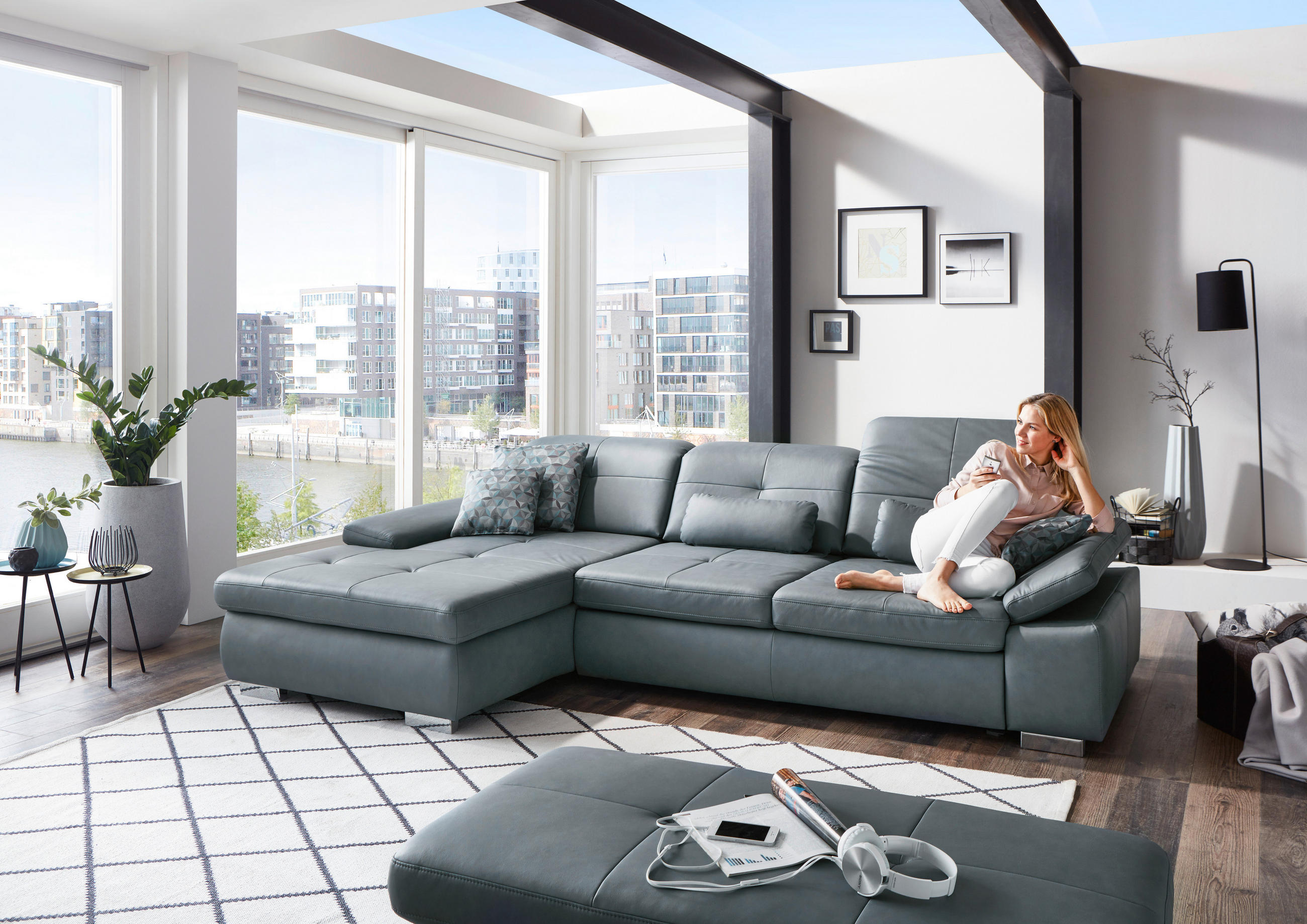ECKSOFA in Echtleder Anthrazit  - Anthrazit/Alufarben, Design, Leder/Metall (309/195cm) - Beldomo Premium