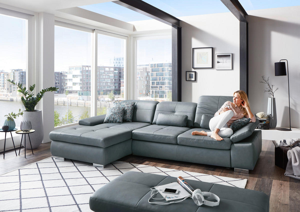 ECKSOFA in Echtleder Anthrazit  - Anthrazit/Alufarben, Design, Leder/Metall (309/195cm) - Beldomo Premium