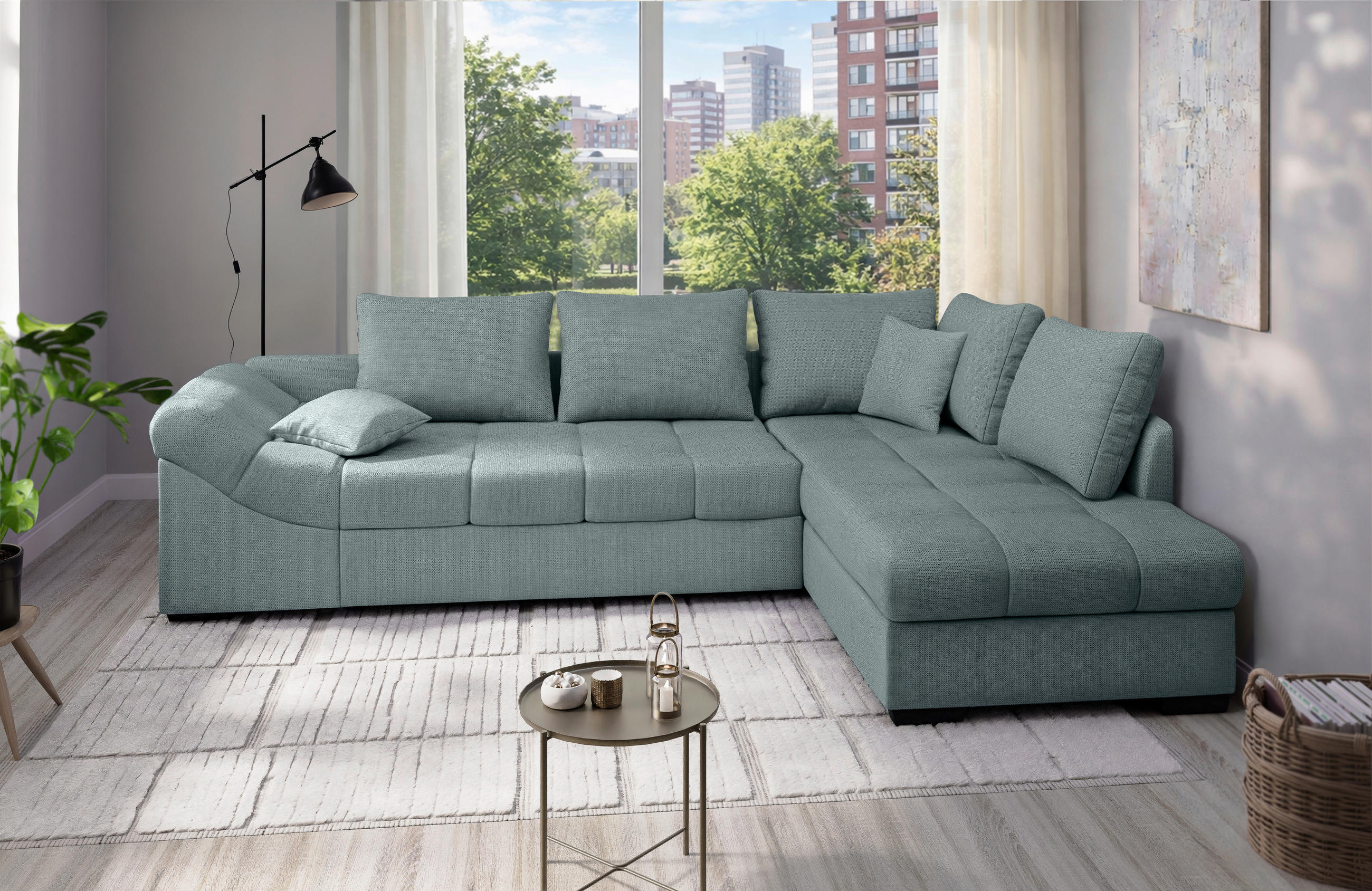 ECKSCHLAFSOFA Alvito in Chenille Mintgrün  - Schwarz/Mintgrün, MODERN, Holz/Textil (298/202cm) - MID.YOU