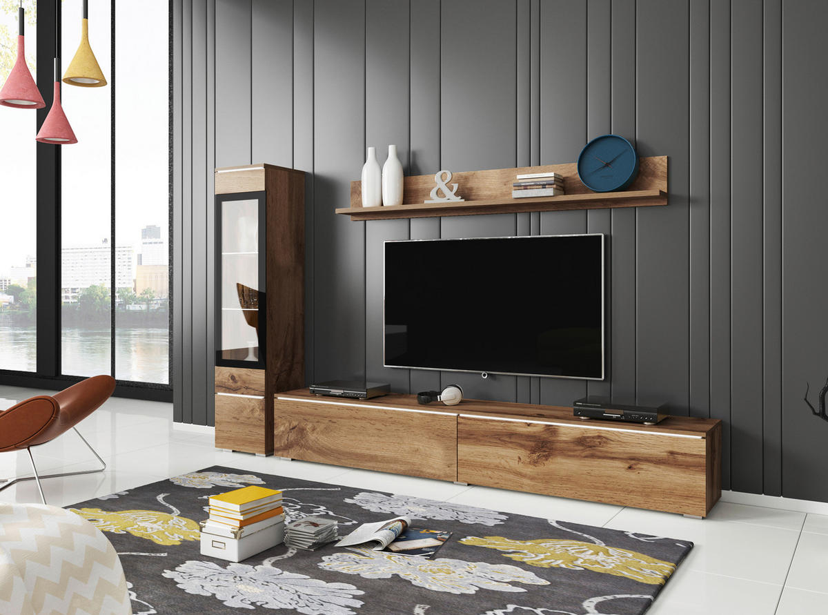 WOHNWAND 3-teilig  in Eiche Wotan  210/130/33 cm  - Eiche Wotan/Grau, LIFESTYLE, Glas/Holzwerkstoff (210/130/33cm) - P & B