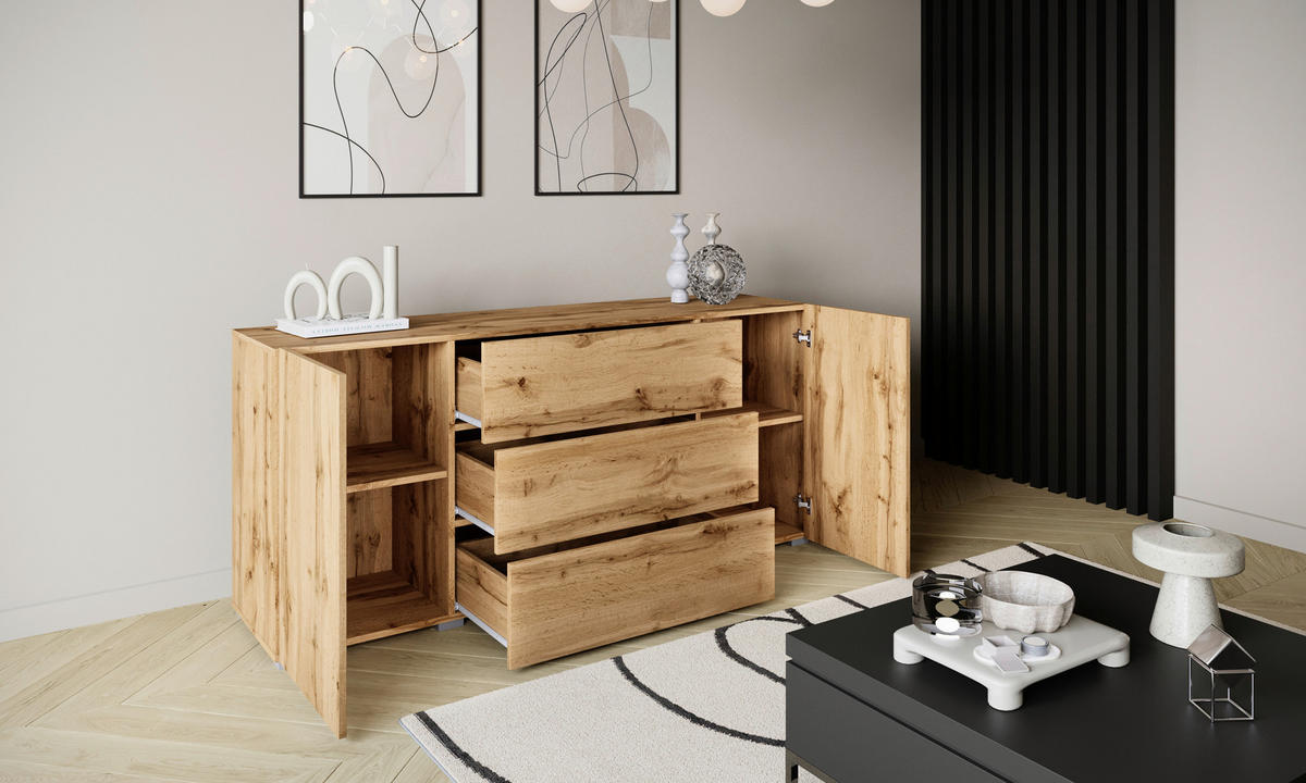 SIDEBOARD Berlin 150/68/38,5 cm 3 låda(or)  - ek Wotan/grå, Design, trämaterial/plast (150/68/38,5cm) - P & B