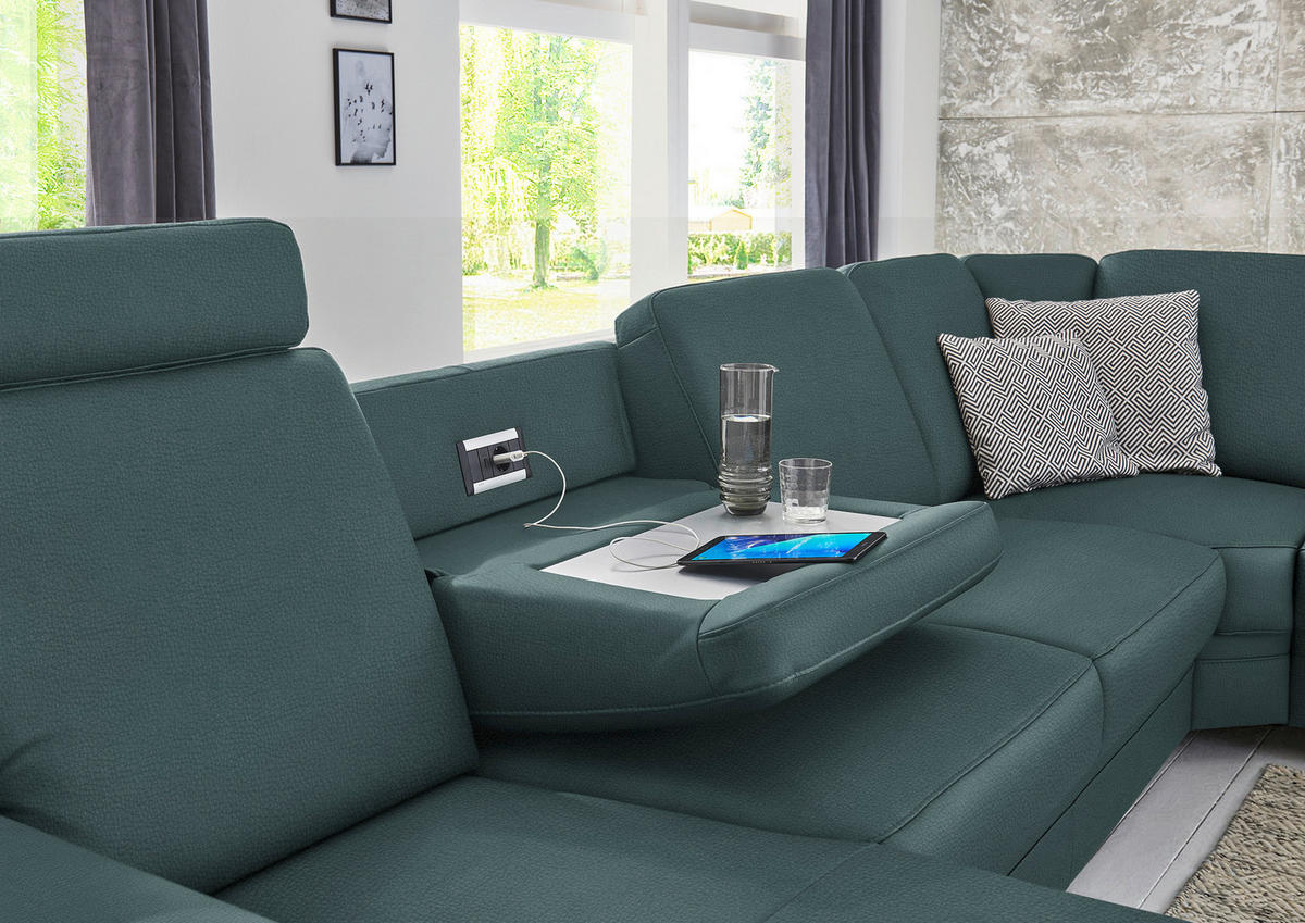 WOHNLANDSCHAFT Echtleder Graublau  - Graublau/Alufarben, Konventionell, Leder/Metall (165/329/239cm) - Beldomo Premium
