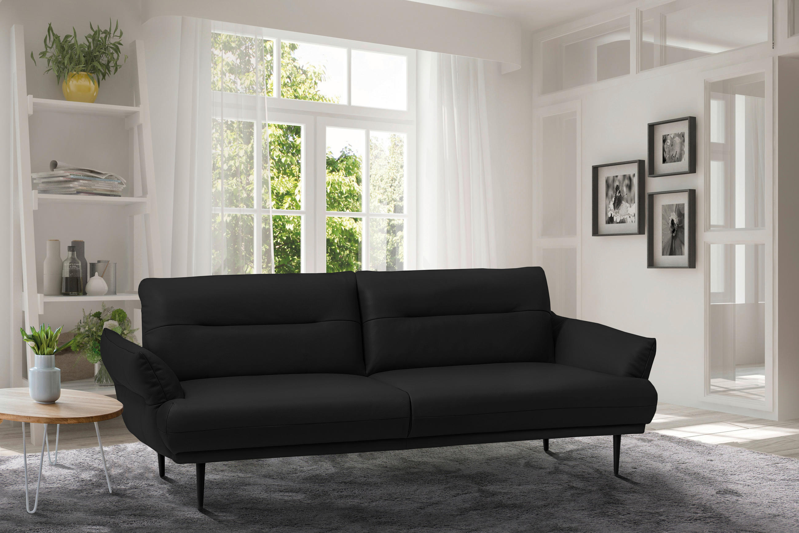 3-SITZER-SOFA Echtleder Schwarz  - Schwarz, Design, Leder/Holz (213/85/96cm) - Livetastic