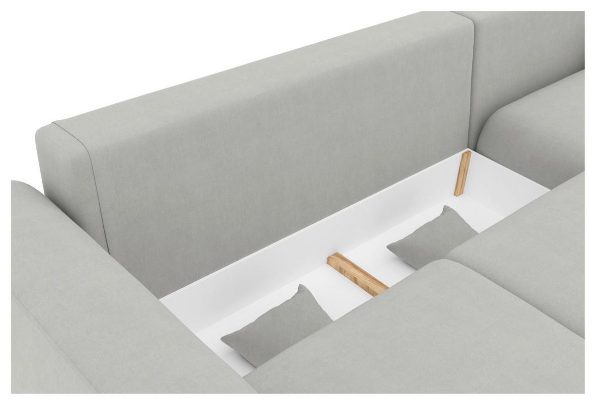 ECKSOFA Hellgrau Velours Zierkissen, Rückenkissen, Bettkasten, Schlaffunktion, Rücken echt, Liegefläche im Originalstoff  - Chromfarben/Hellgrau, KONVENTIONELL, Kunststoff/Textil (293/195cm) - Carryhome