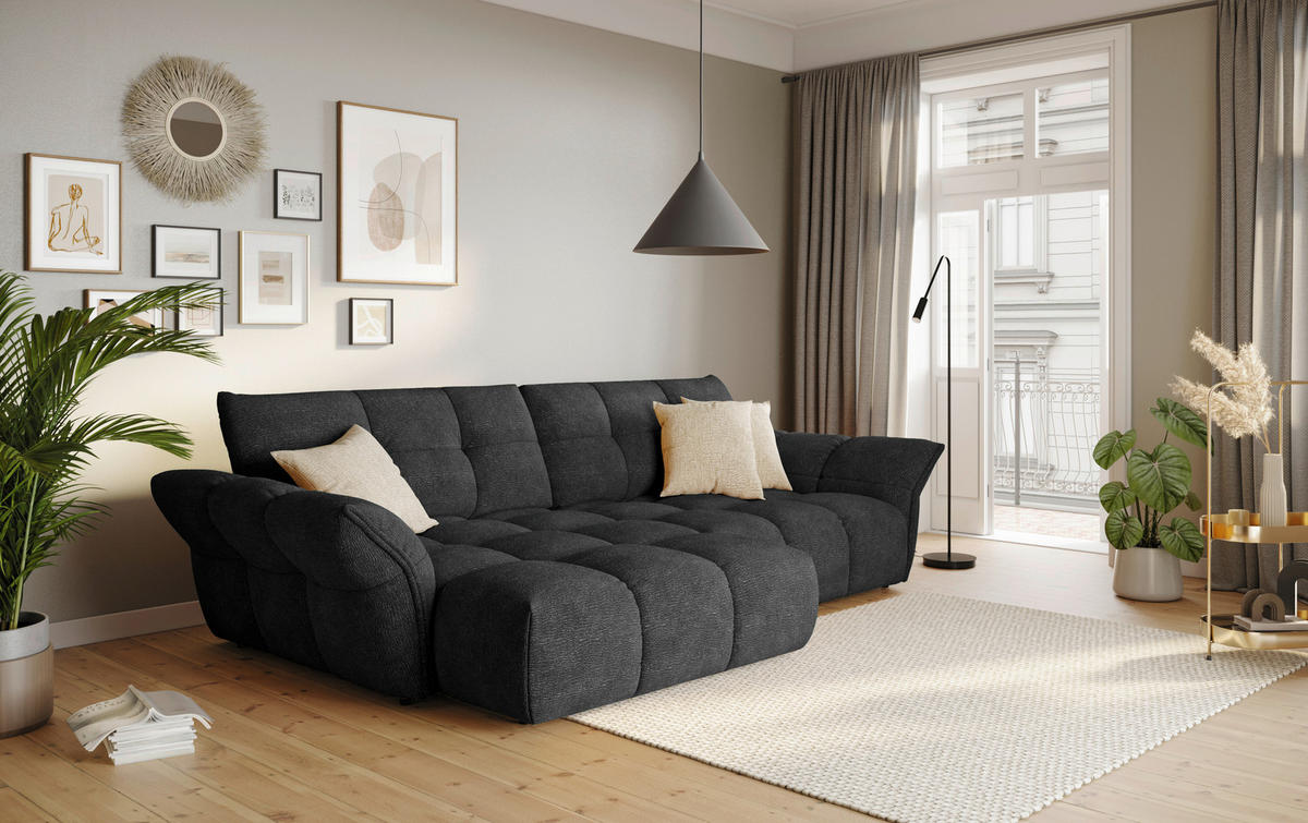 ECKSOFA Schwarz Chenille Rücken echt  - Schwarz, Design, Kunststoff/Textil (177/312cm) - Welnova