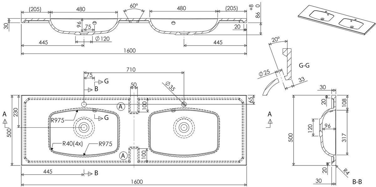 WASCHTISCHKOMBI 160 cm  - Weiß Hochglanz/Weiß, Basics, Holzwerkstoff/Stein (160cm) - MID.YOU