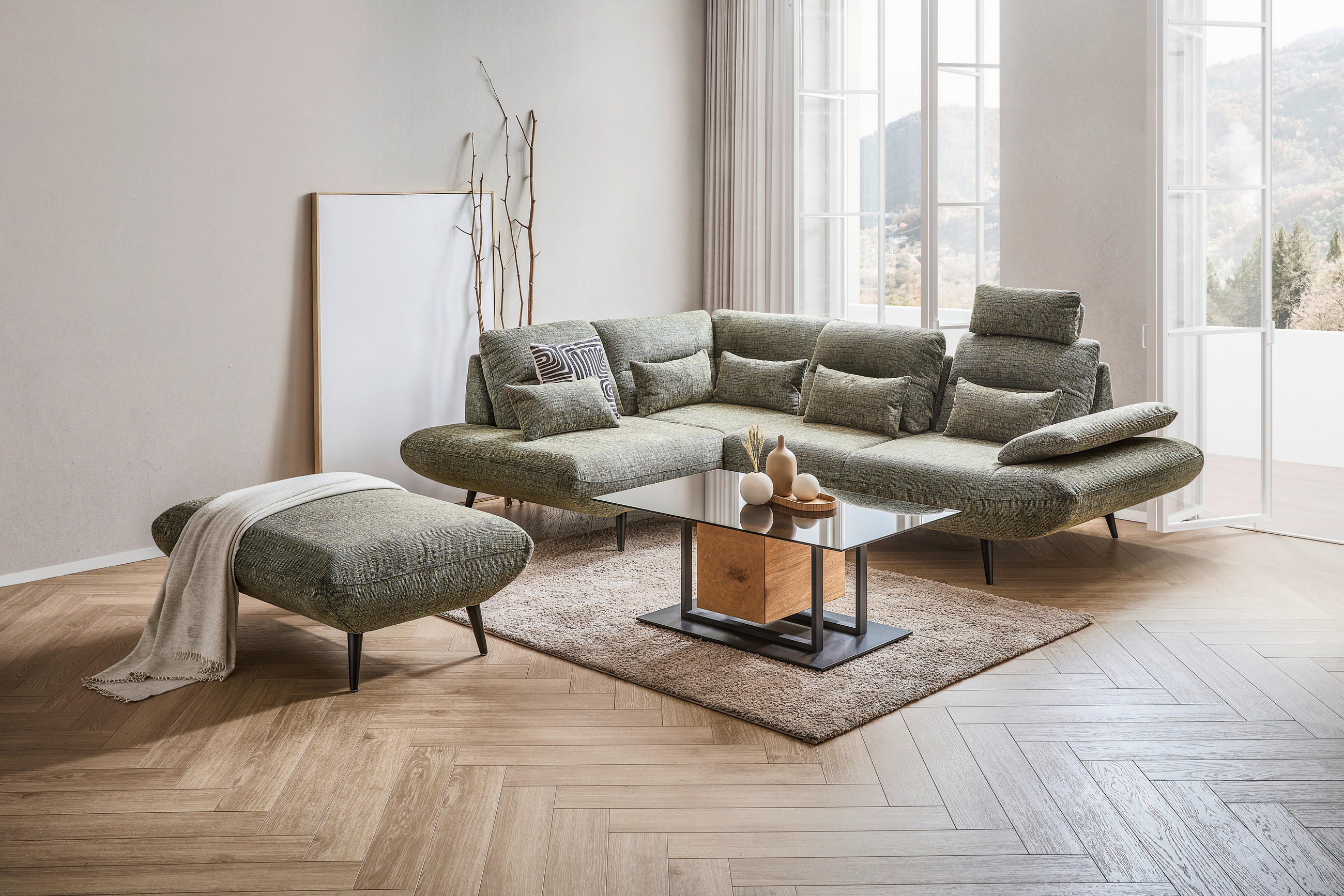 Thumbnail - Welnova Ecksofa, Olivgrün, Textil, 4-Sitzer, Ottomane links, L-Form, 286x213 cm, Typenauswahl, Stoffauswahl, seitenverke...