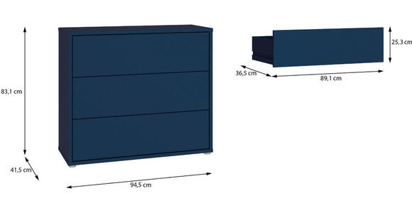 KOMMODE , 95/83/42 cm, 3 Schublade(n)  - Silberfarben/Dunkelblau, Trend, Holzwerkstoff/Kunststoff (95/83/42cm) - Carryhome