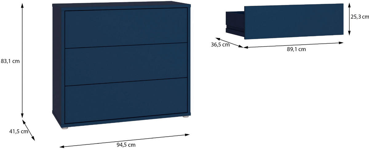KOMMODE , 95/83/42 cm, 3 Schublade(n)  - Silberfarben/Dunkelblau, Trend, Holzwerkstoff/Kunststoff (95/83/42cm) - Carryhome
