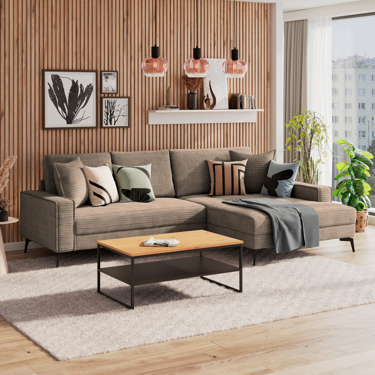 ECKSOFA ZERO Braun Cord Zierkissen, Rückenkissen  - Schwarz/Braun, Trend, Textil/Metall (286/173cm) - Livetastic