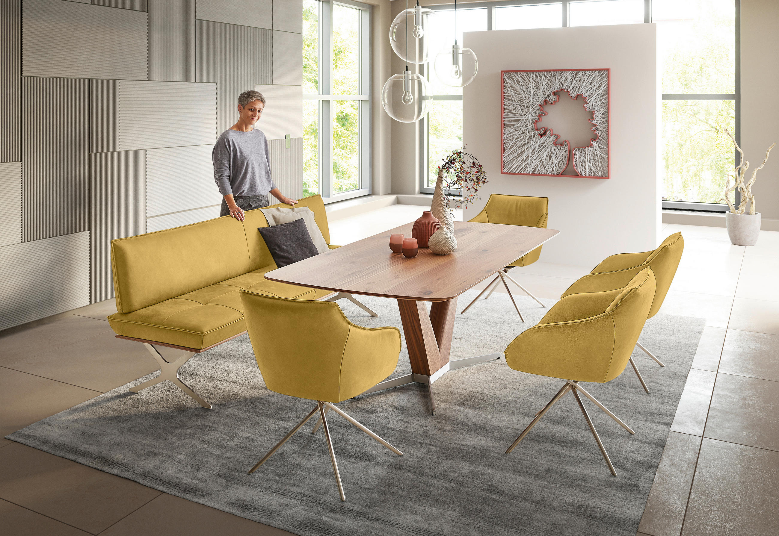 SITZBANK 214/88/66 cm  in Gelb, Edelstahlfarben  - Edelstahlfarben/Gelb, Design, Leder/Holz (214/88/66cm) - Koinor