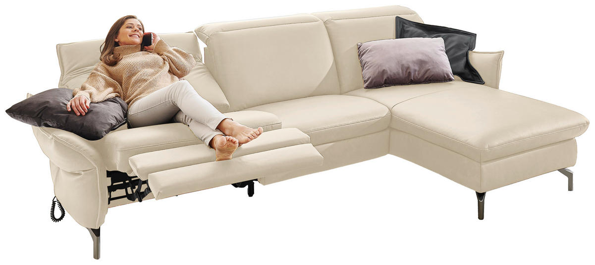 ECKSOFA Ecru Lederlook (vegan)  - Ecru/Nickelfarben, MODERN, Textil/Metall (233/179cm) - Livetastic