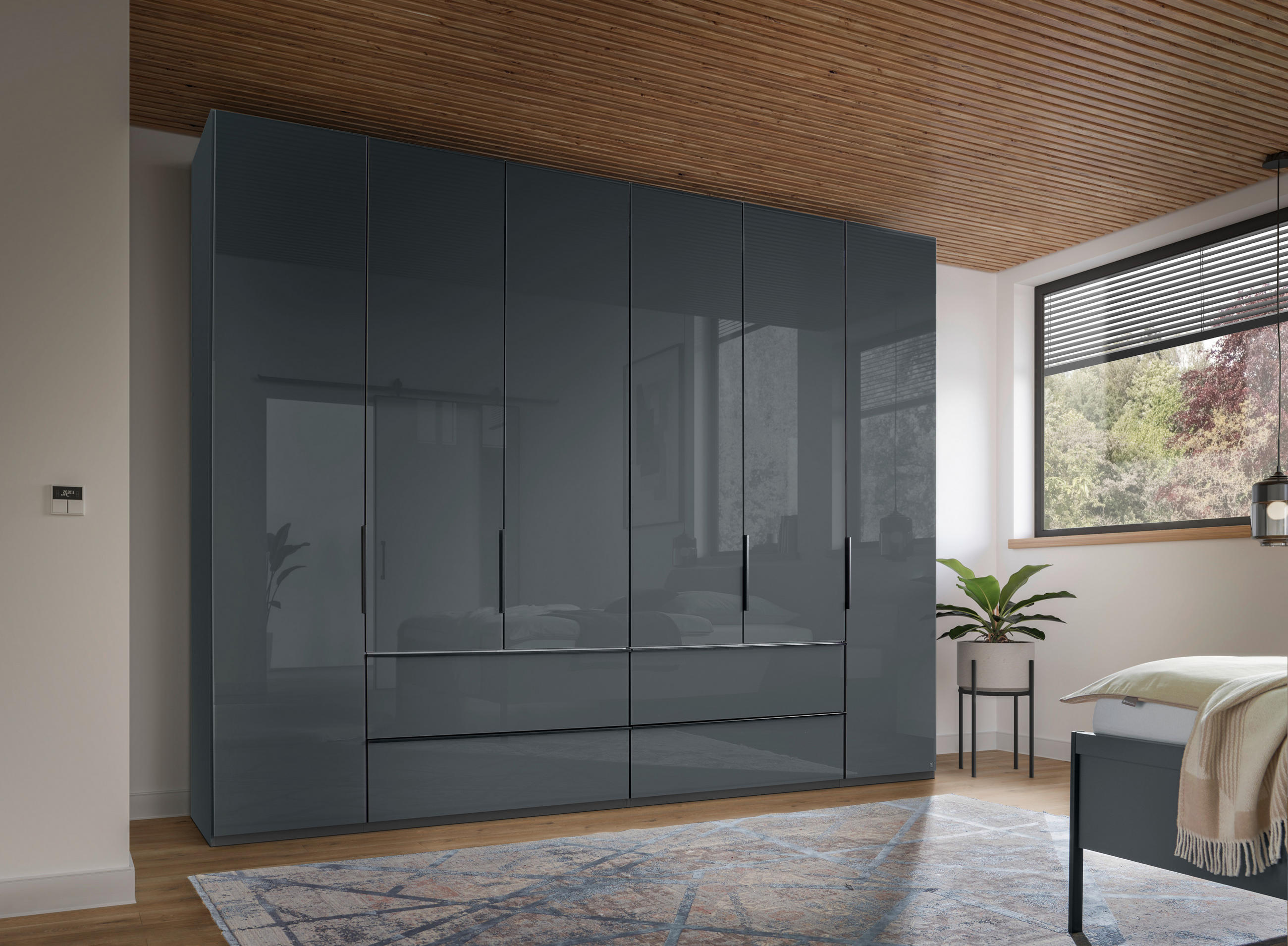 FALTTÜRENSCHRANK 300/216/58 cm 4-türig Dunkelgrau  - Dunkelgrau/Schwarz, MODERN, Glas/Holzwerkstoff (300/216/58cm) - Musterring