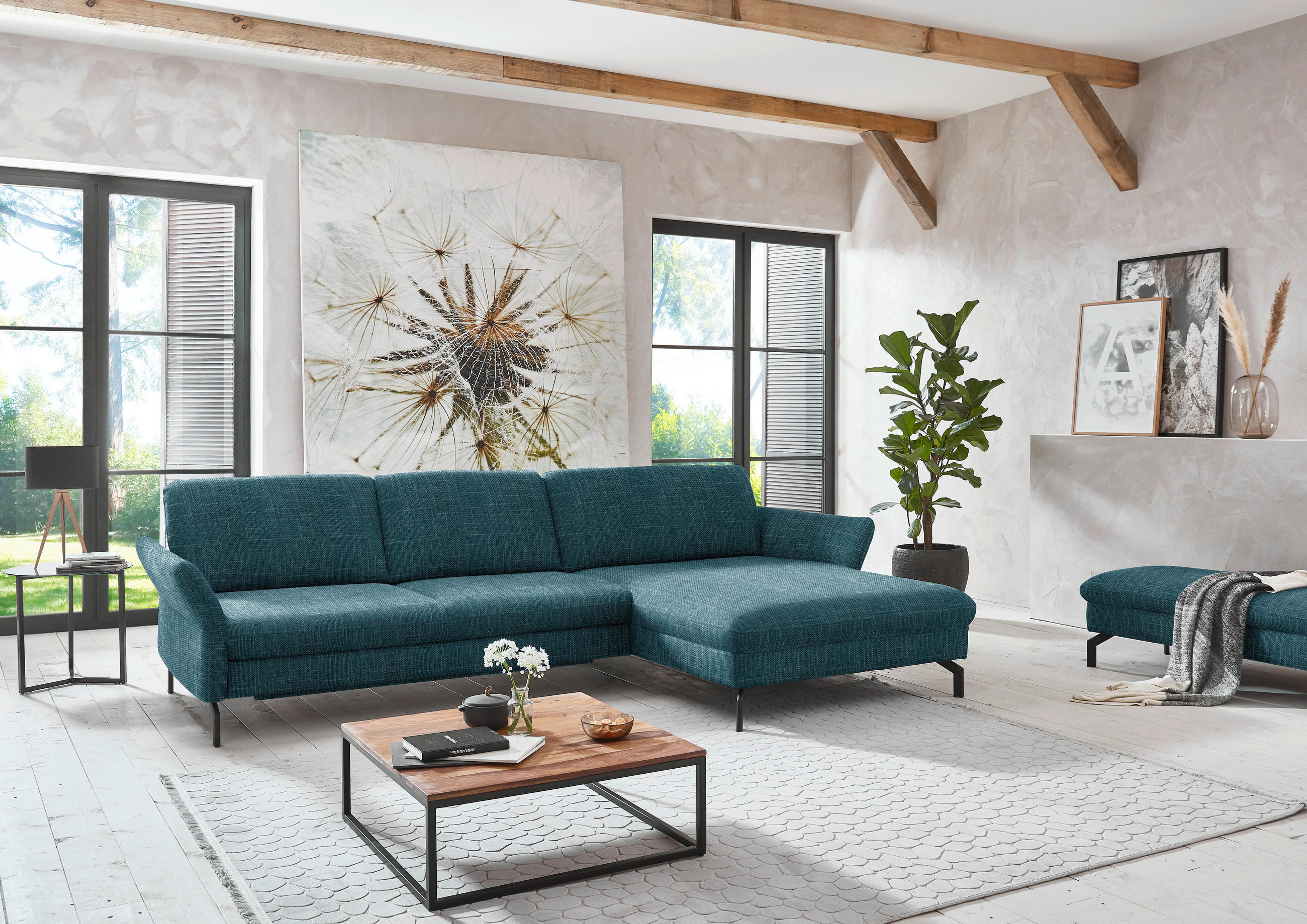 ECKSOFA Petrol Webstoff  - Petrol/Schwarz, Design, Textil/Metall (306/179cm) - Beldomo System
