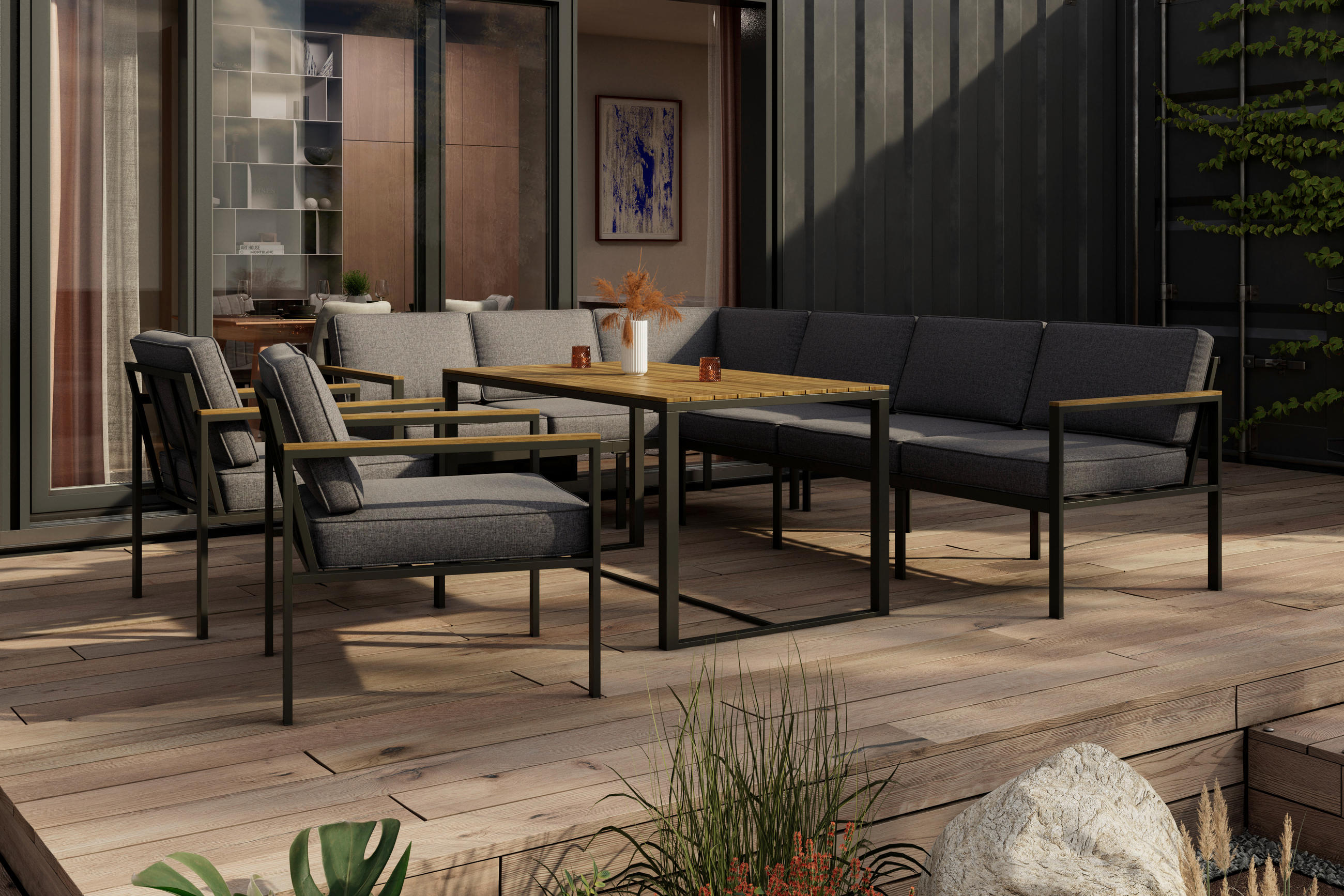 DINING-LOUNGESET  - Grau/Akaziefarben, MODERN, Holz/Textil (260/205cm) - Ambia Garden