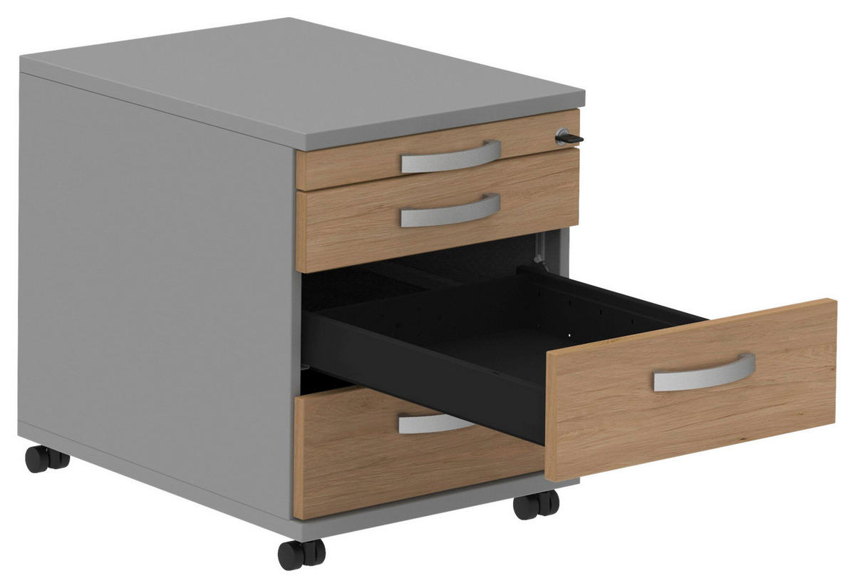 ROLLCONTAINER 42,7/54,4/60 cm  - Eichefarben/Alufarben, Konventionell, Holzwerkstoff/Metall (42,7/54,4/60cm) - Moderano