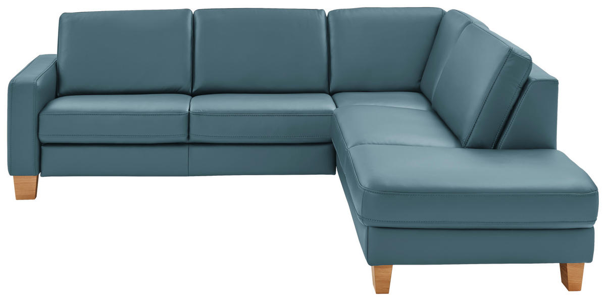 ECKSOFA Valdera in Echtleder Blau  257/235 cm  - Blau/Eiche Bianco, Natur, Leder/Holz (257/235cm) - Valdera
