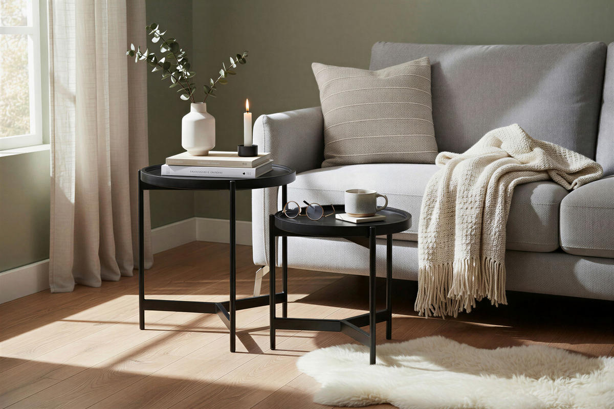 BEISTELLTISCHSET Mangoholz massiv rund Schwarz  - Schwarz, Design, Holz/Metall (45-35/45-35/45-35cm) - MID.YOU