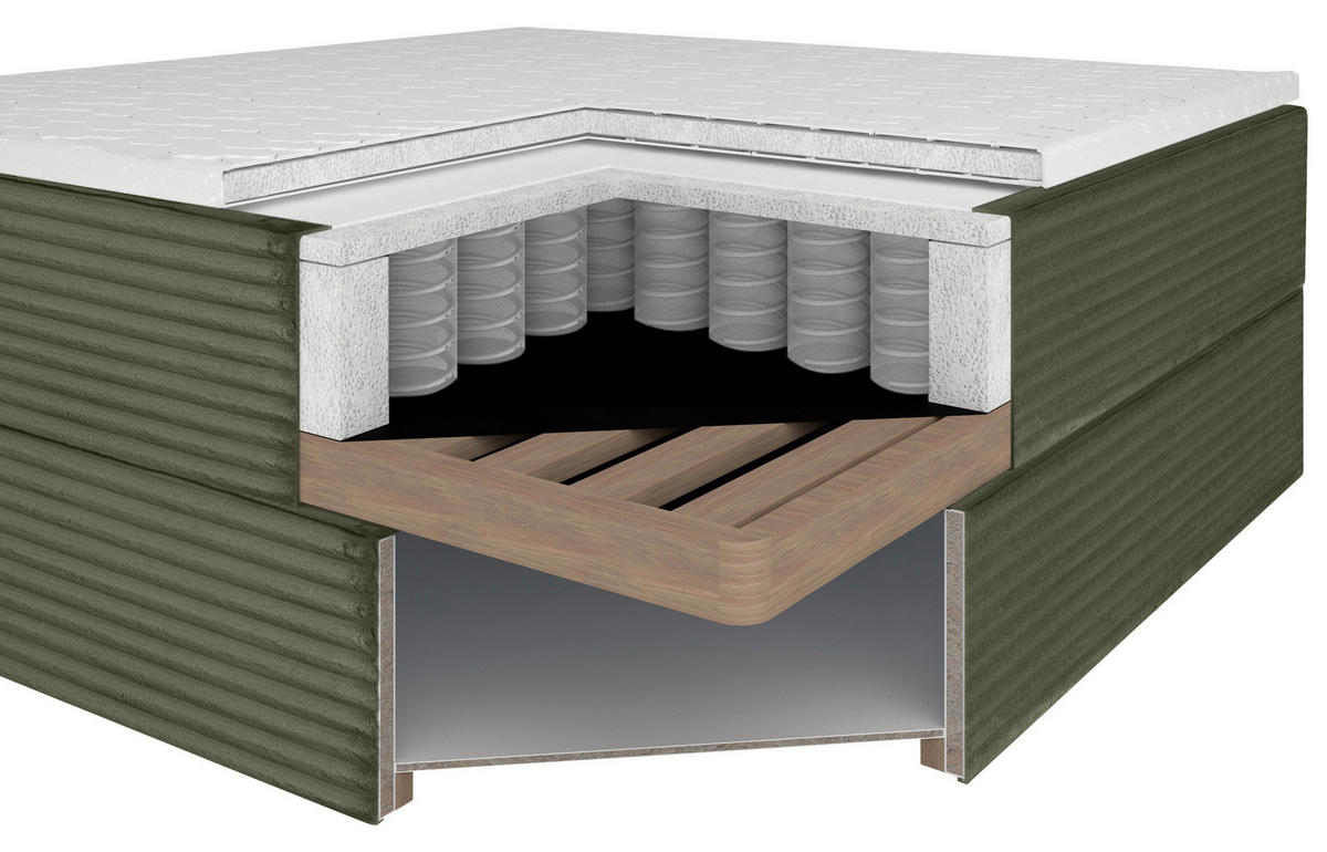 BOXBETT 120/200 cm,  in Olivgrün, Matratze, Bettkasten, Topper, H3 = fest  - Schwarz/Olivgrün, Trend, Kunststoff/Textil (120/200cm) - Boxxx