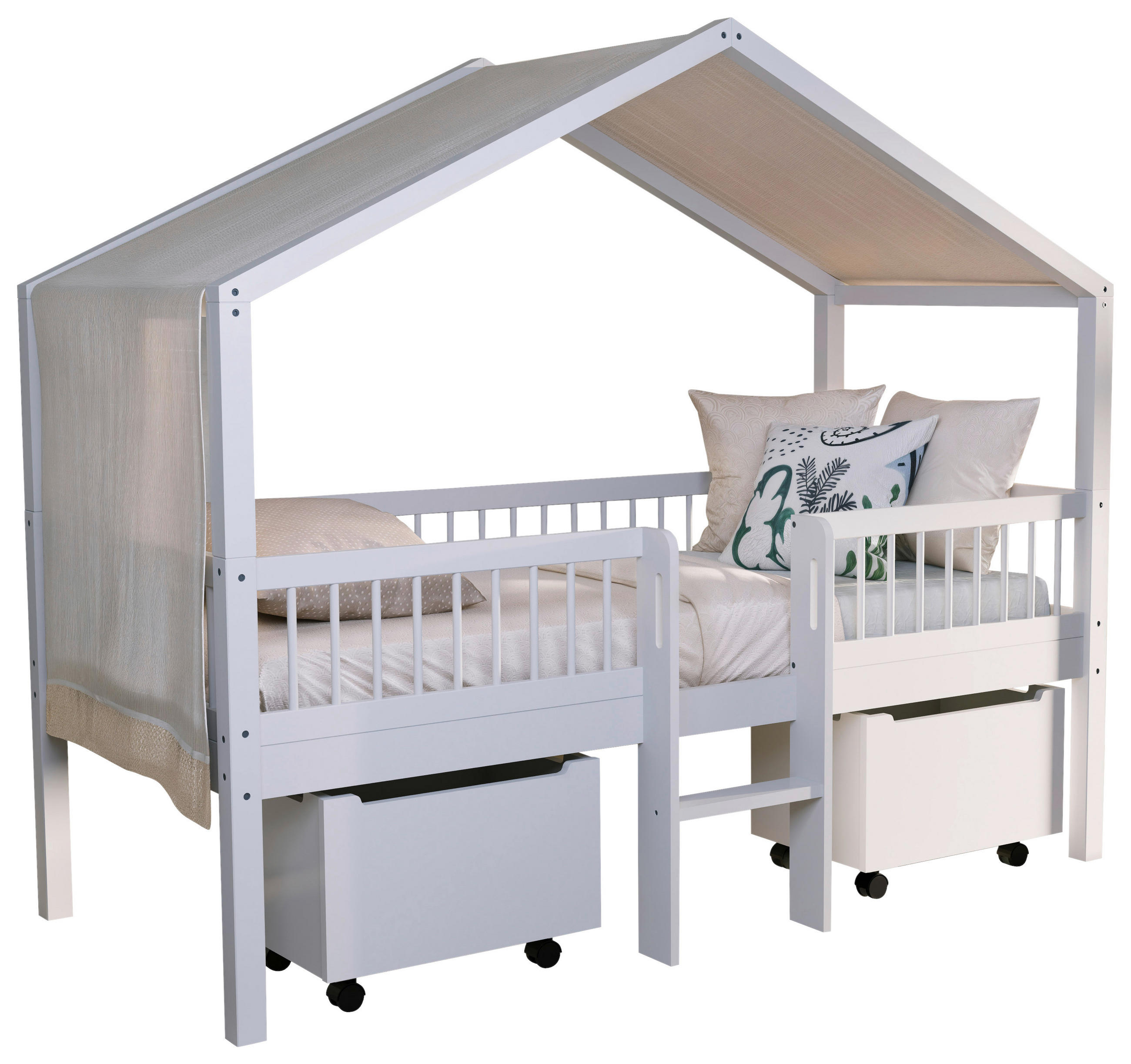 HAUSBETT Absturzsicherung, Leiter, Rollrost, Bettschublade 90/200 cm  - Naturfarben/Weiß, MODERN, Holz (90/200cm) - MID.YOU