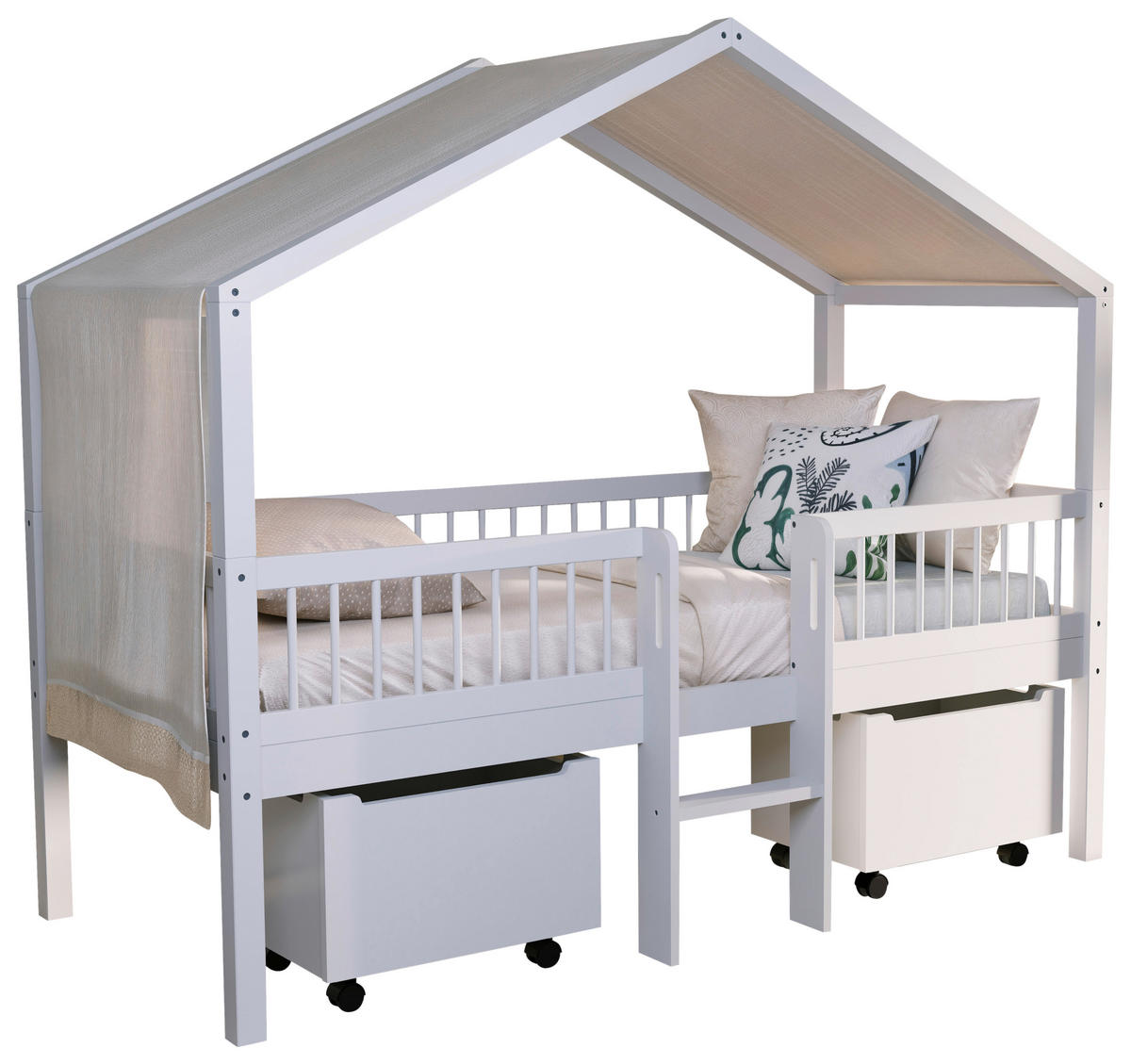 HAUSBETT Absturzsicherung, Leiter, Rollrost, Bettschublade 90/200 cm  - Naturfarben/Weiß, MODERN, Holz (90/200cm) - MID.YOU