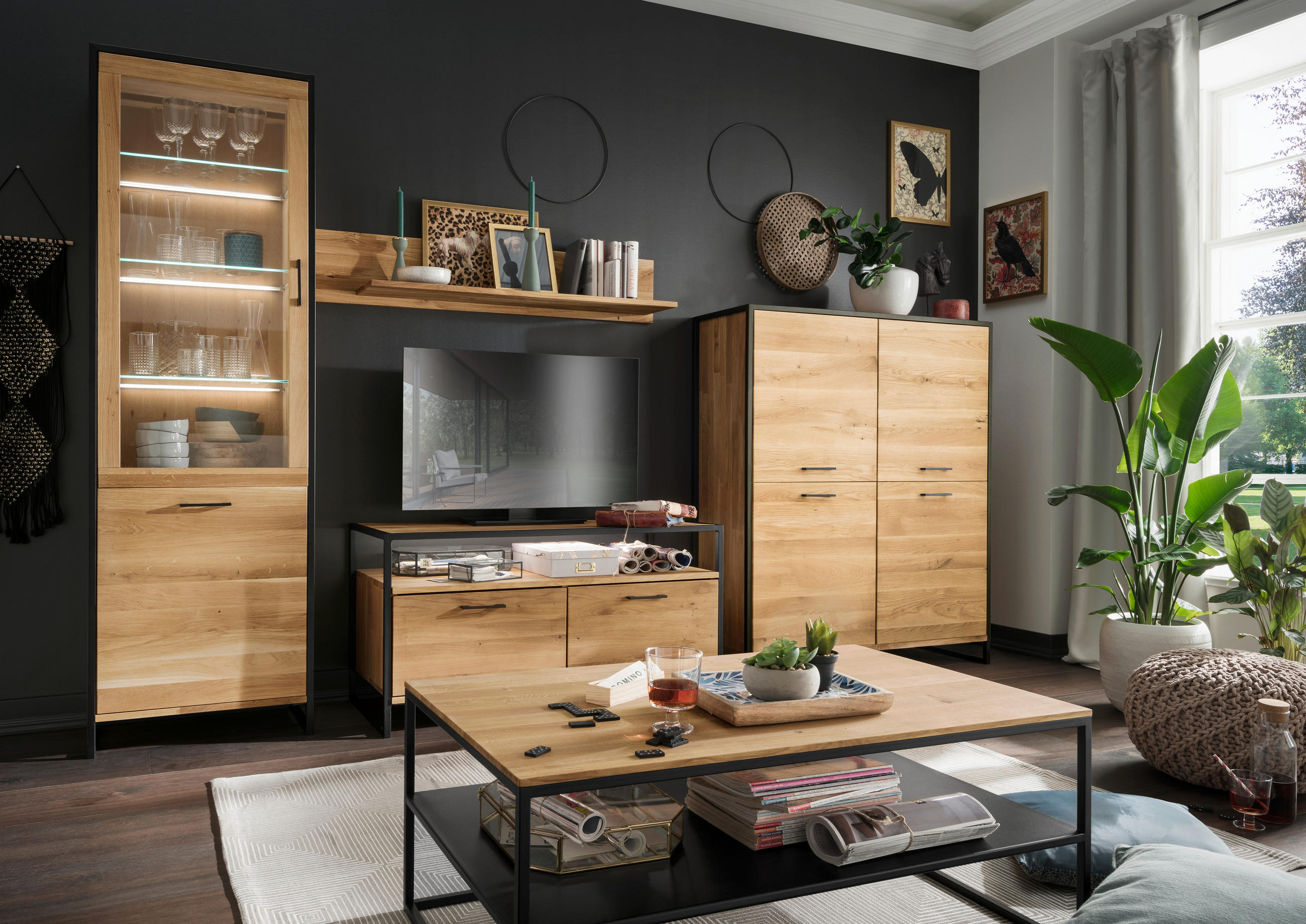 HIGHBOARD  in 115/138/39 cm  - Eichefarben/Schwarz, Design, Holz/Metall (115/138/39cm) - Linea Natura