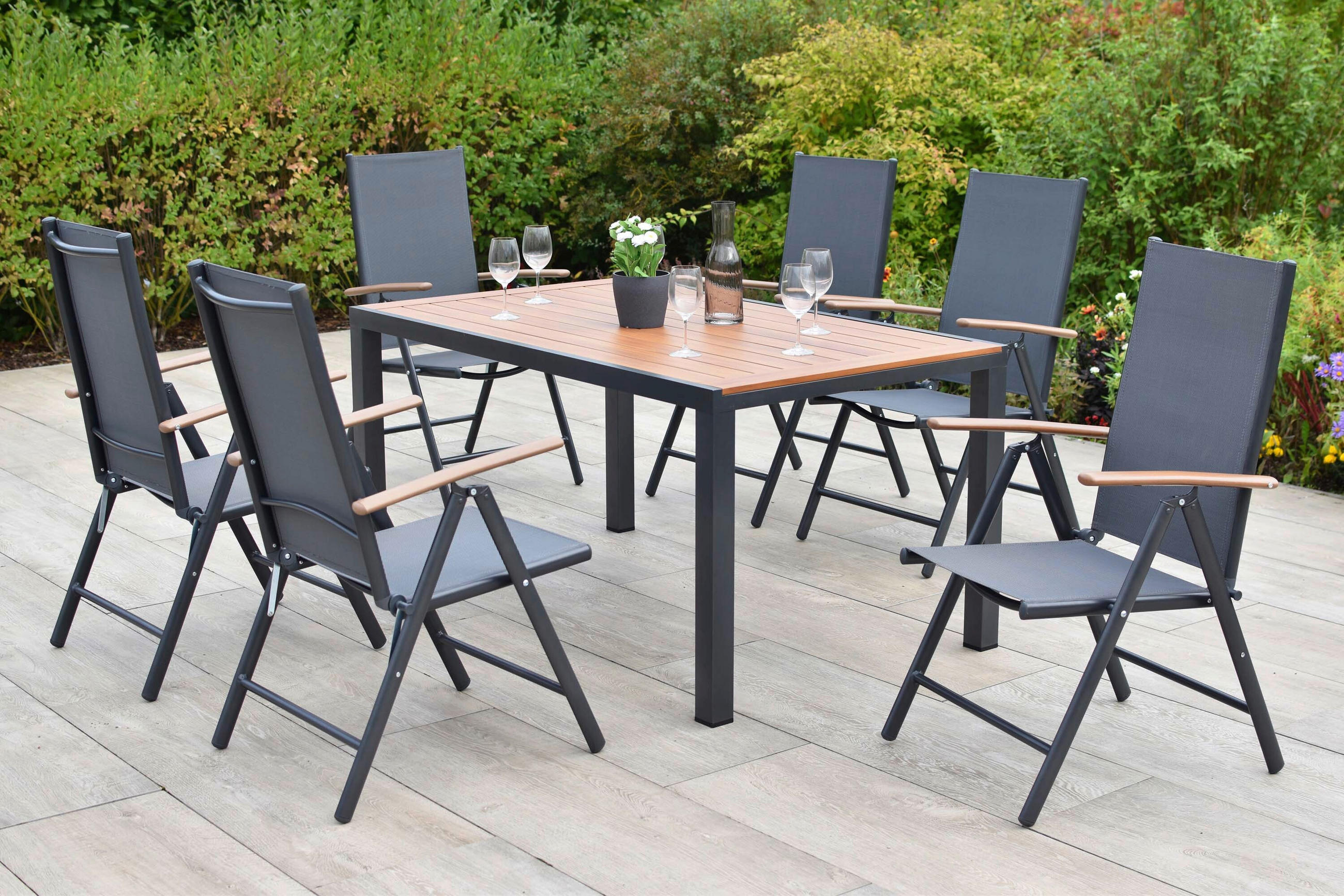 GARTENTISCHGRUPPE beschichtet Aluminium  - Graphitfarben/Naturfarben, KONVENTIONELL, Textil/Metall - Gardenson