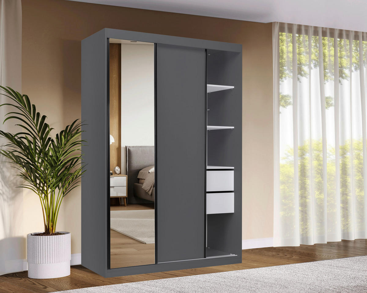 SCHIEBETÜRENSCHRANK 150/215/59,5 cm 3-türig  - Schwarz/Graphitfarben, MODERN, Holzwerkstoff/Metall (150/215/59,5cm) - MID.YOU